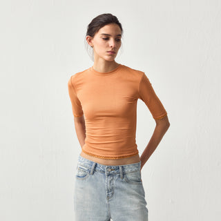 CUBIC Lace Trim Fitted Mid-Sleeve Top
