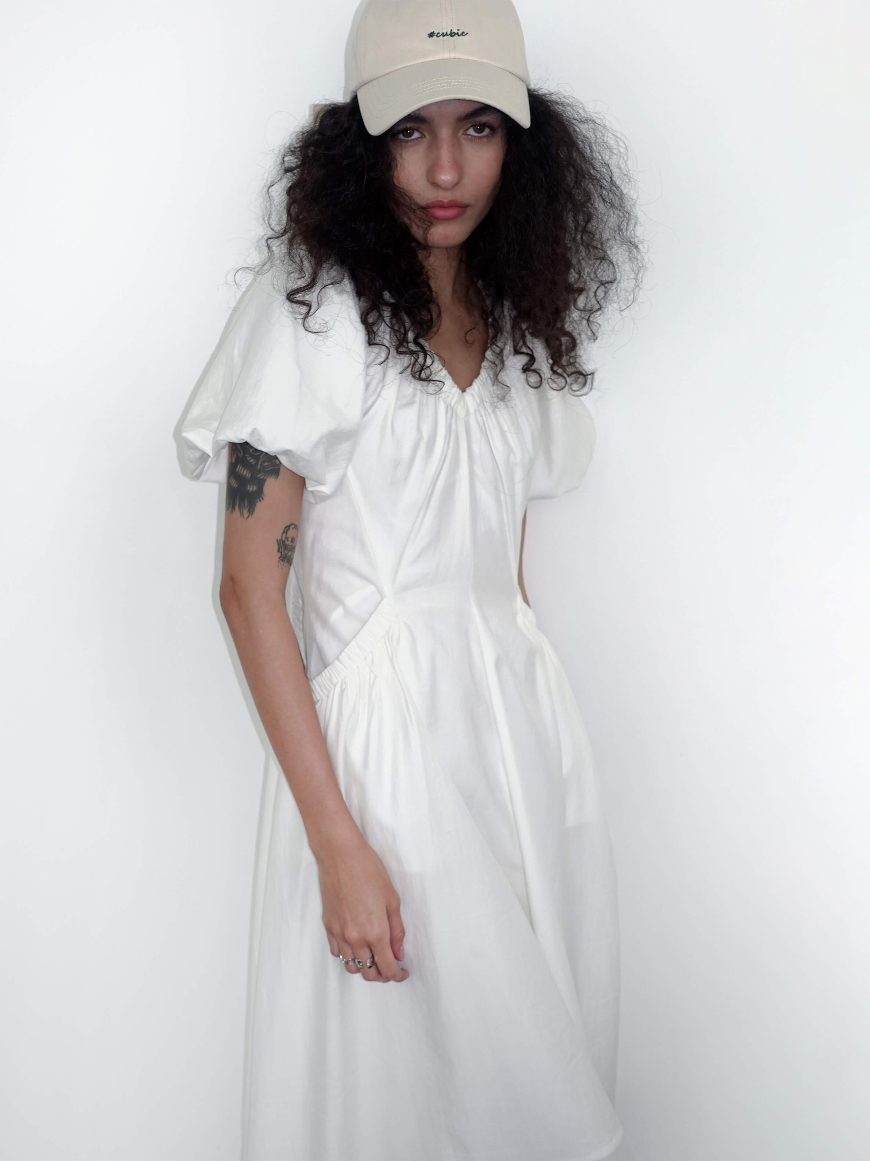 V-neck Pleated Puff Sleeve Dress-9
