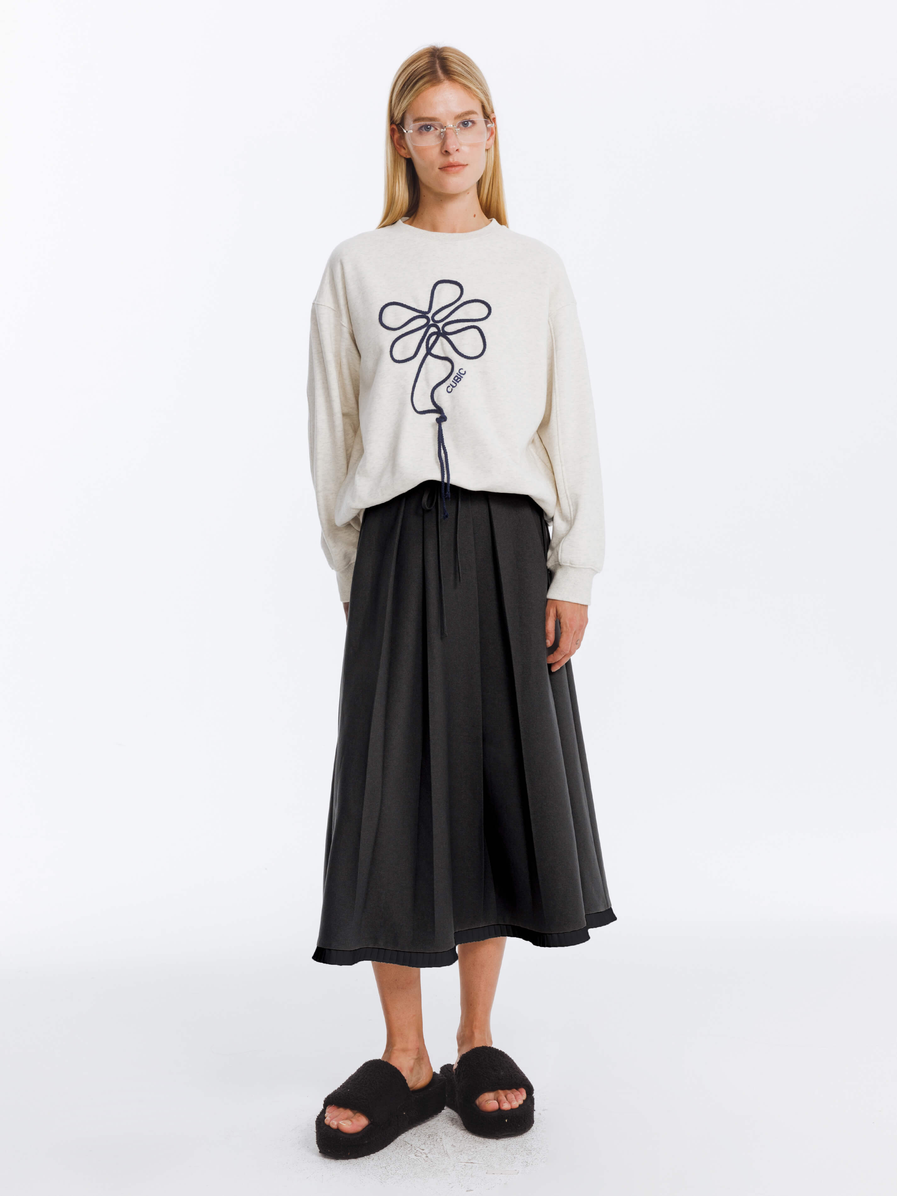 A-line Pleated Skirt with Ruffles Hem-3