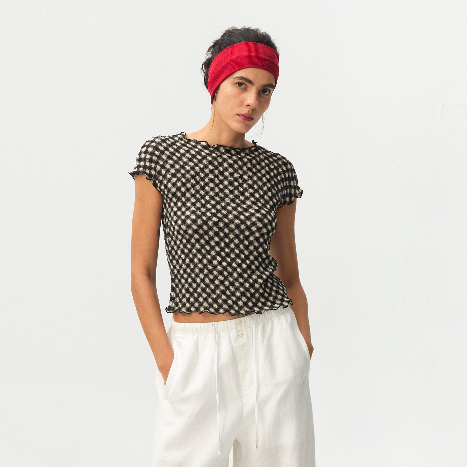 CUBIC Gingham Print Ruffle-Edge Top-9
