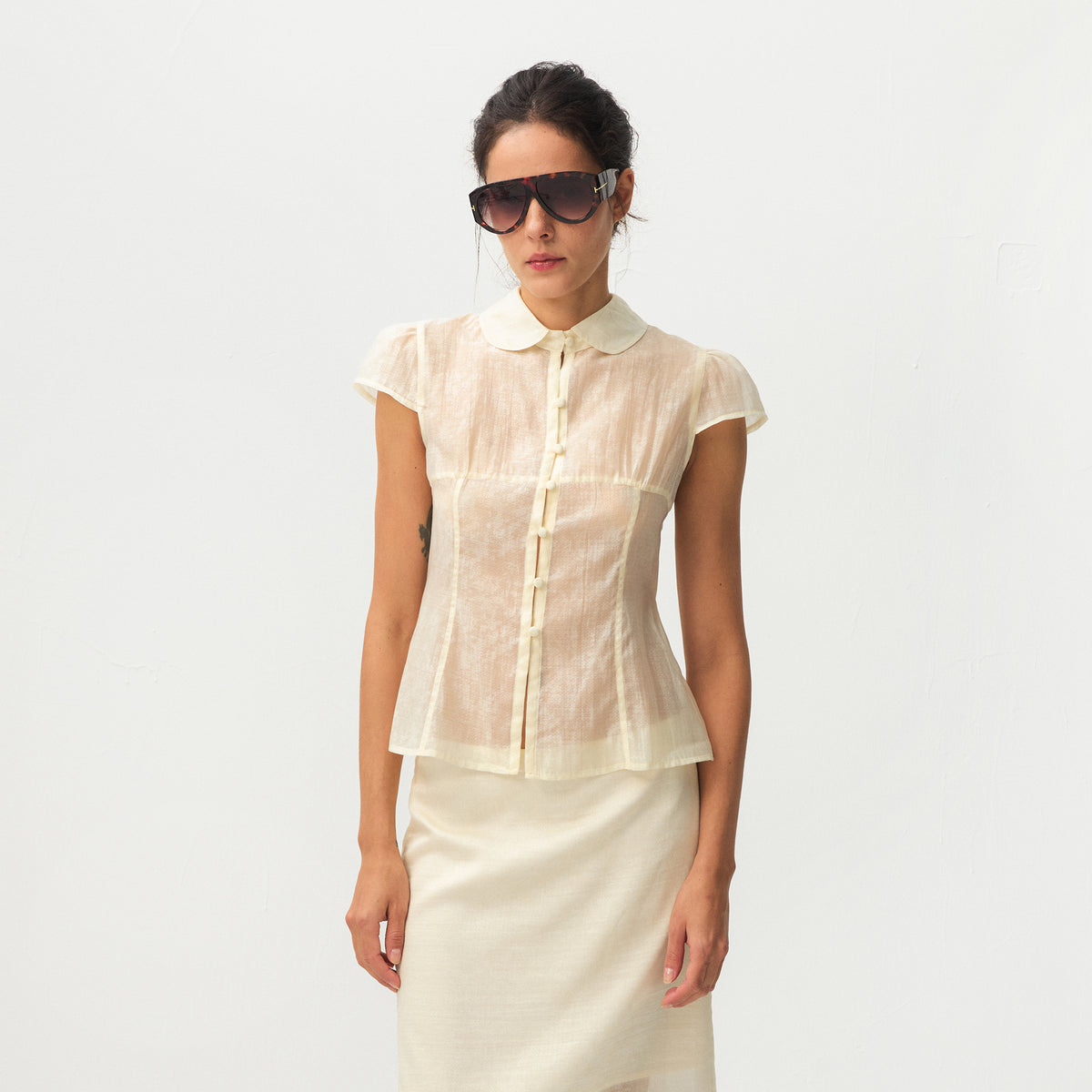CUBIC Lyocell Semi-Sheer Fitted Blouse-9