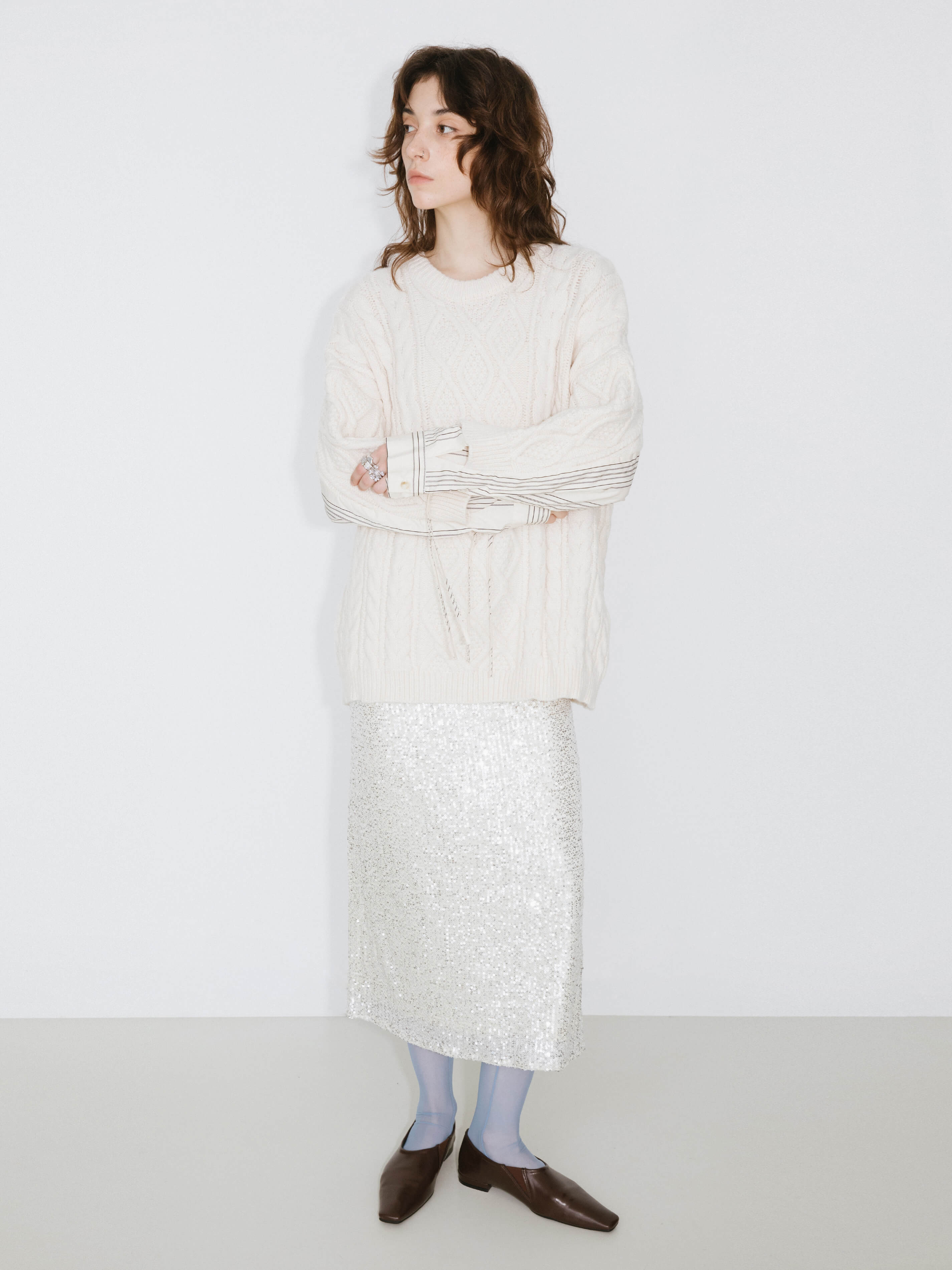 Cable Knit Jumper With Shirting Sleeves-10