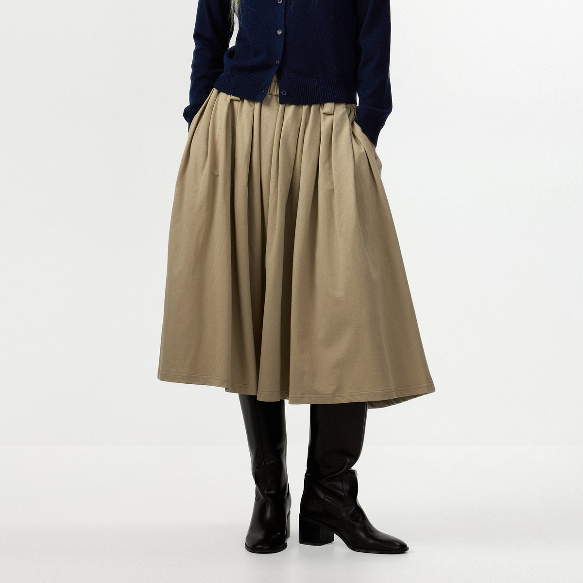 CUBIC 100% Cotton Pleated A‑Line Midi Skirt-9