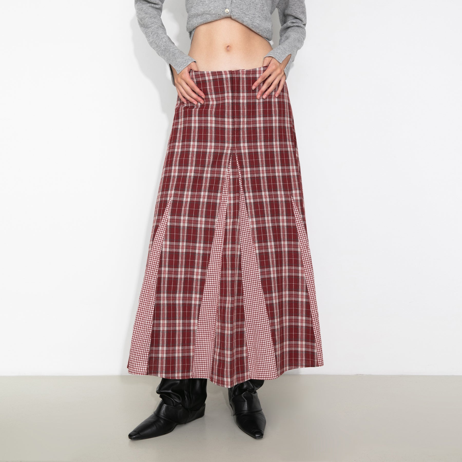 100% Cotton Patchwork Check A-Line Maxi Skirt-9