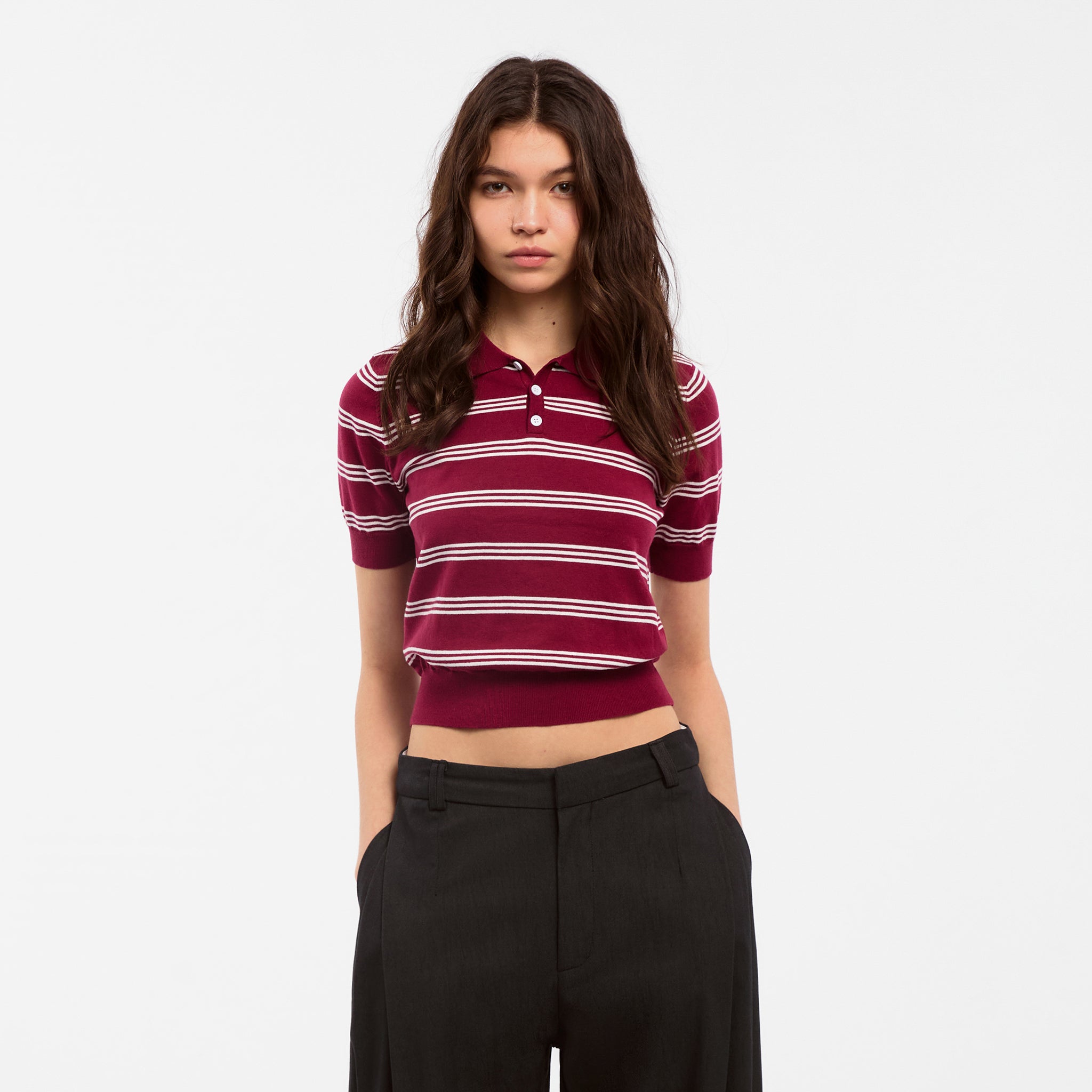 CUBIC-Striped Cropped Polo Collar Cotton T-Shirt-9