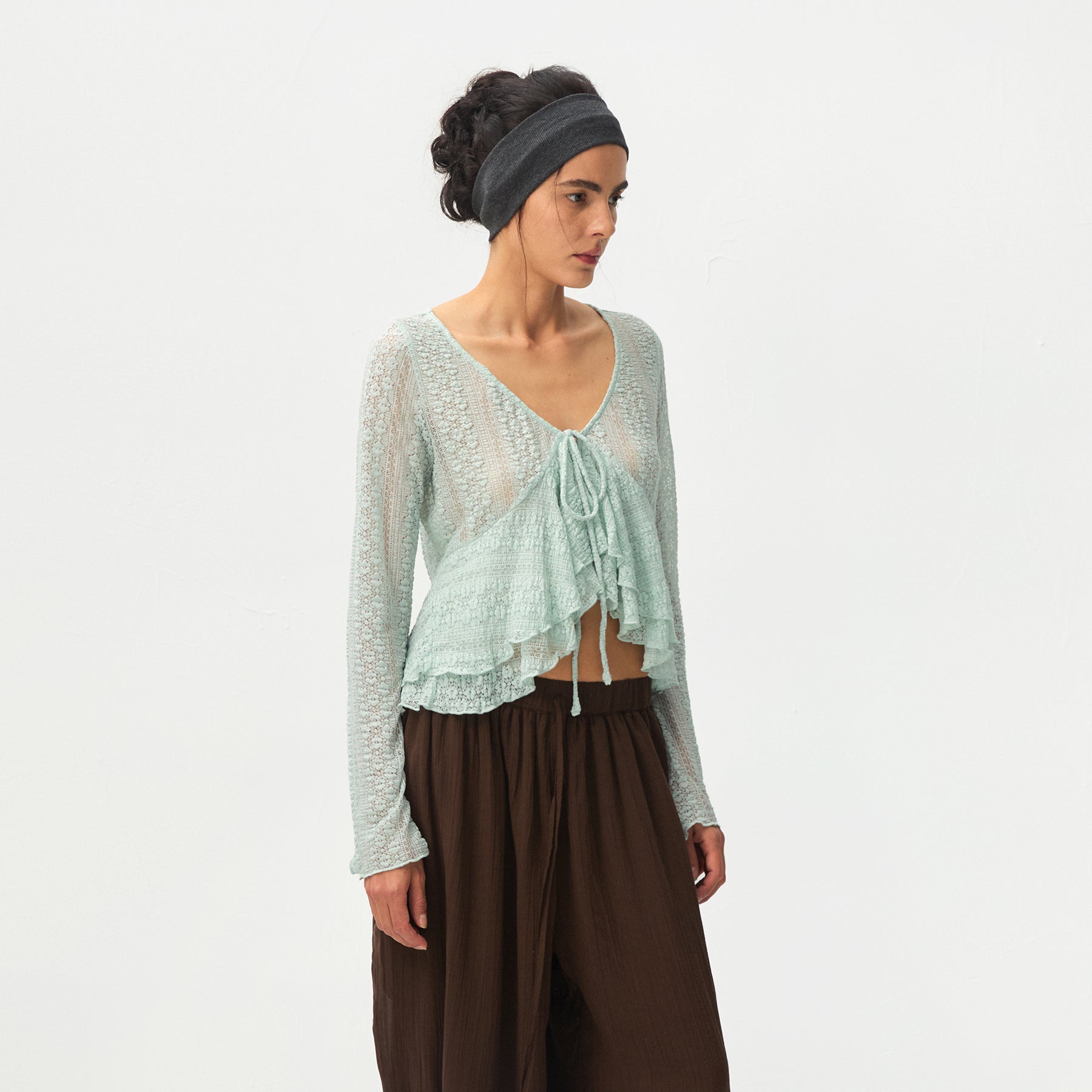 CUBIC Sheer Knit Tie-Front Peplum Top-9