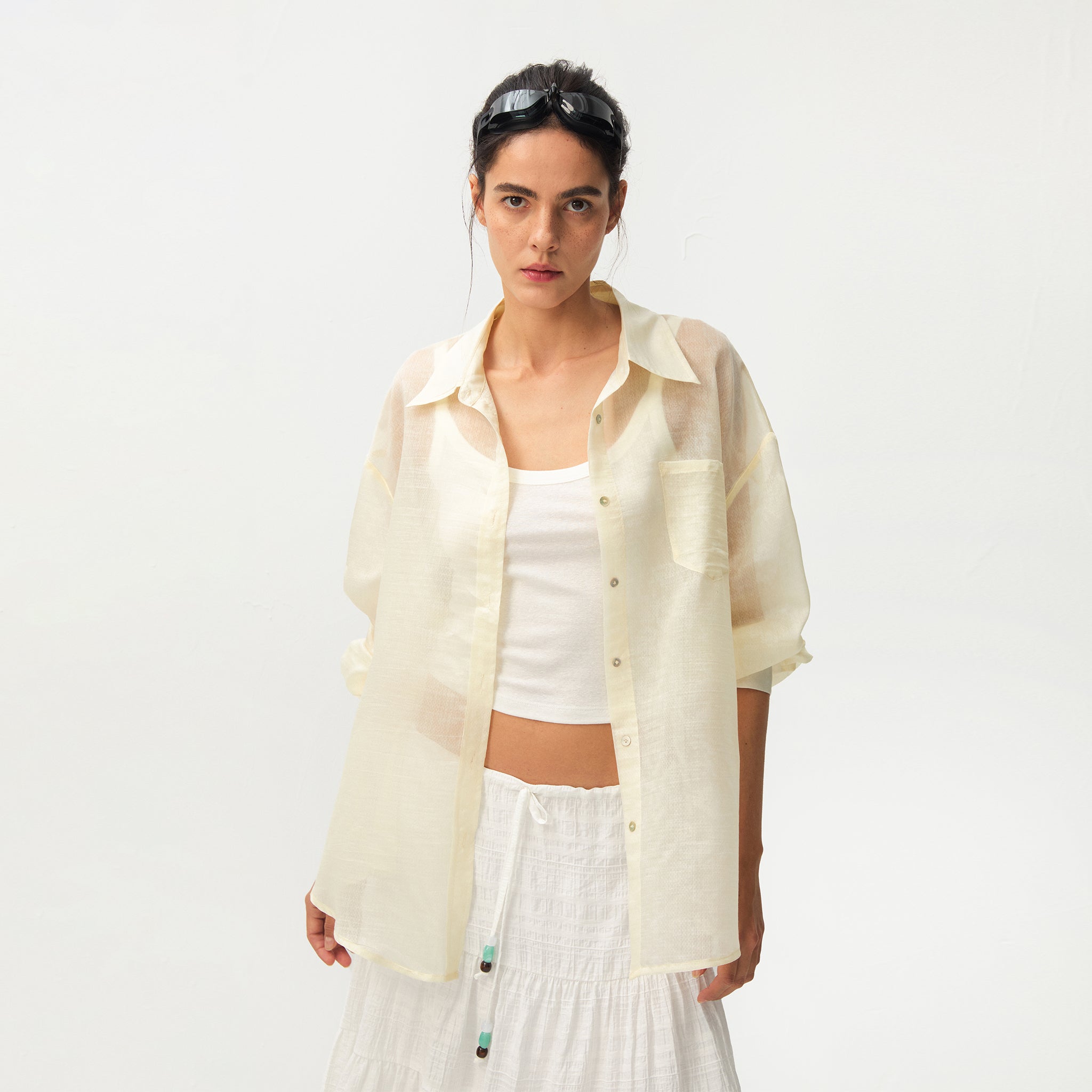 CUBIC Lyocell Oversized Sheer Button-Down Shirt-8