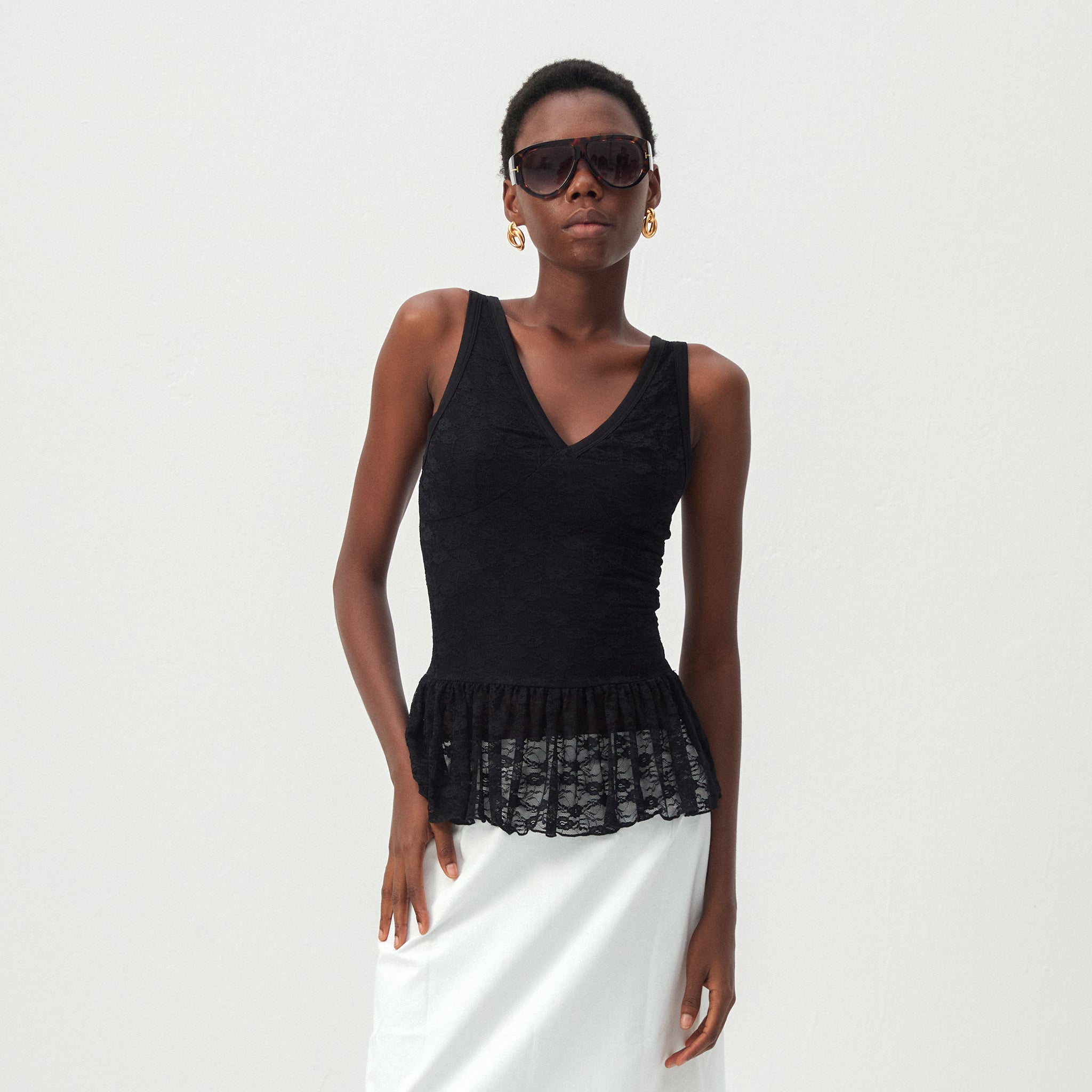 CUBIC Lace V-Neck Peplum Tank Top-9