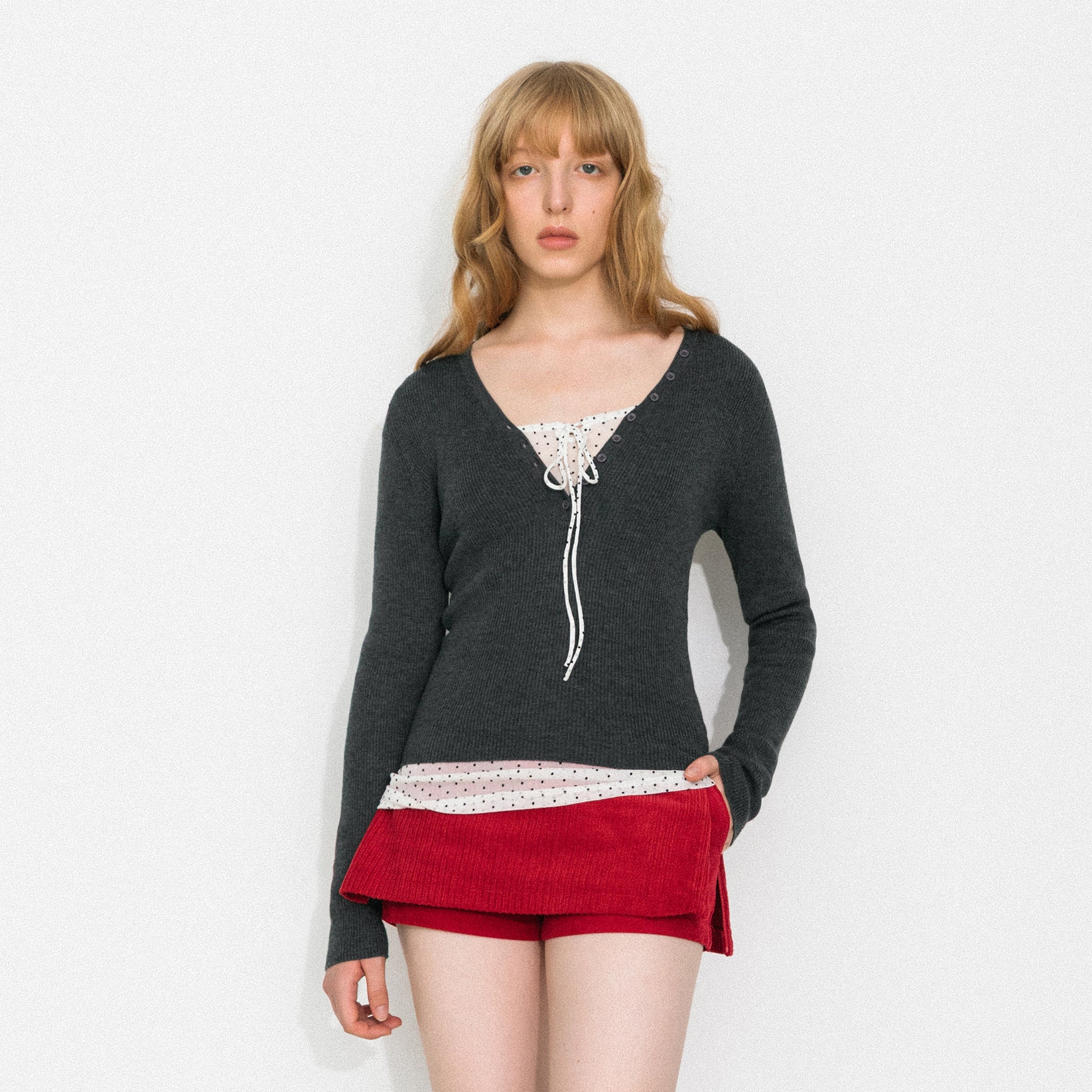 V-Neck Button-Front Fitted Knit Top-9