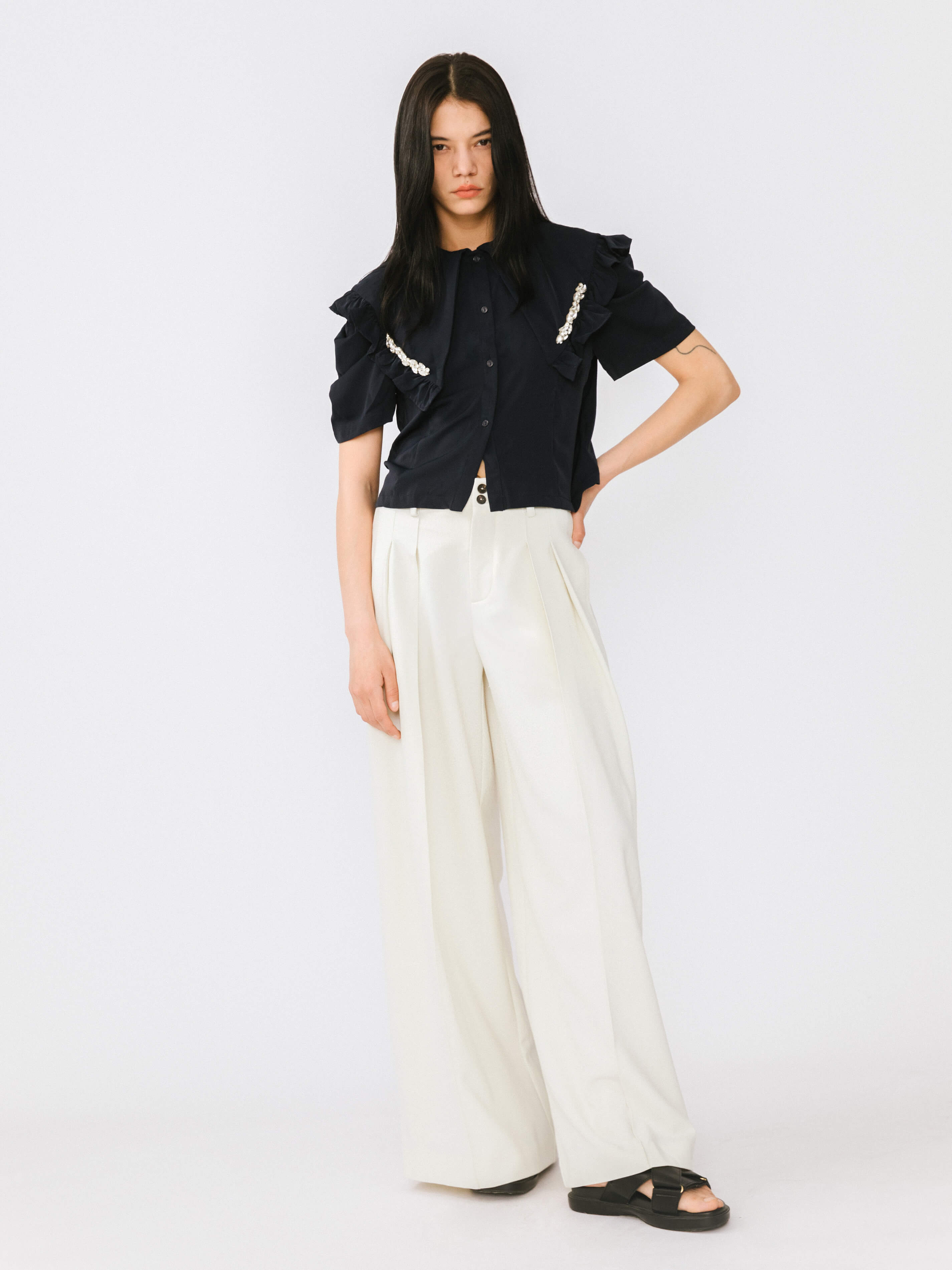 Large Lapel Strass Puff Sleeves T-shirt-9