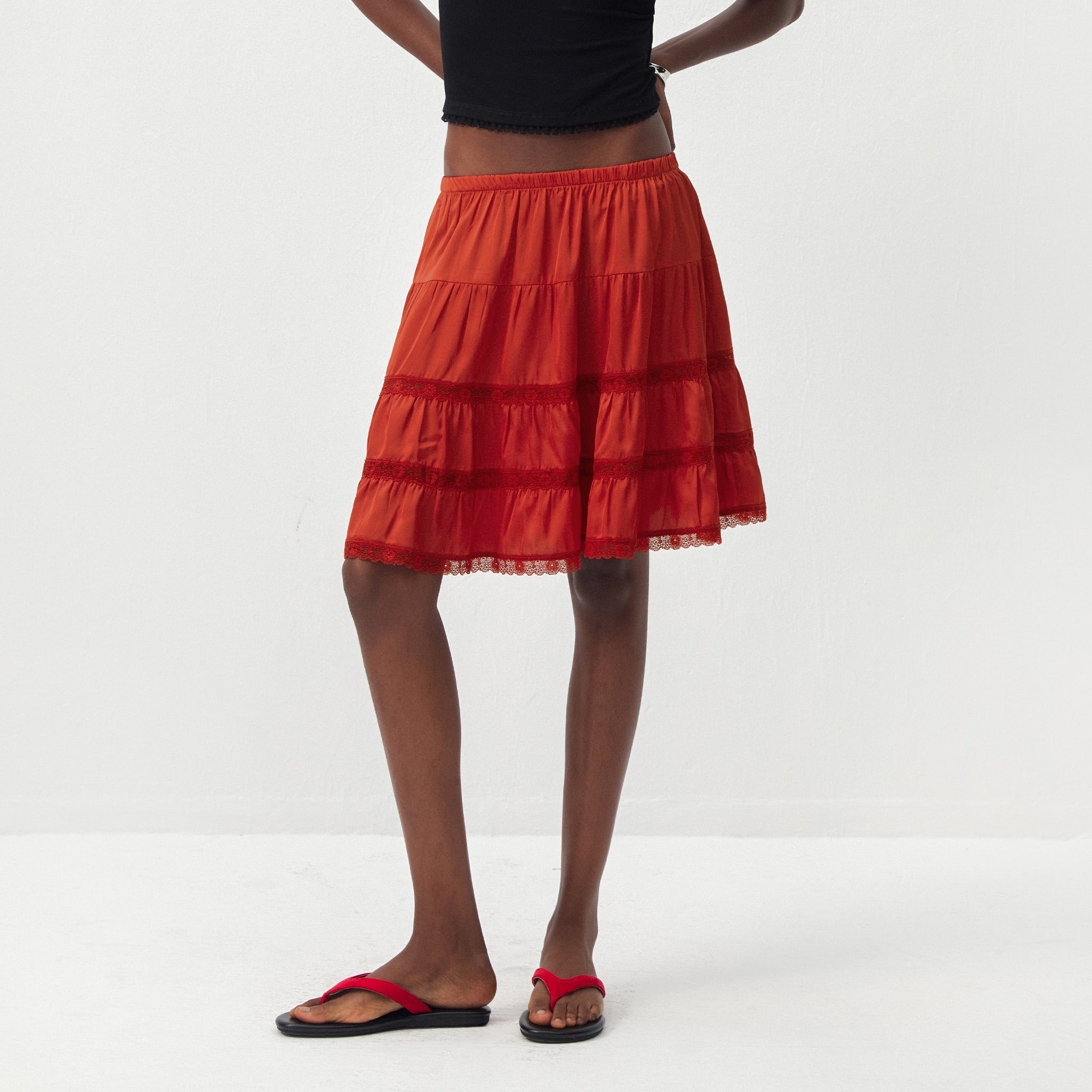 CUBIC Lace Tiered Satin Mini Skirt-9