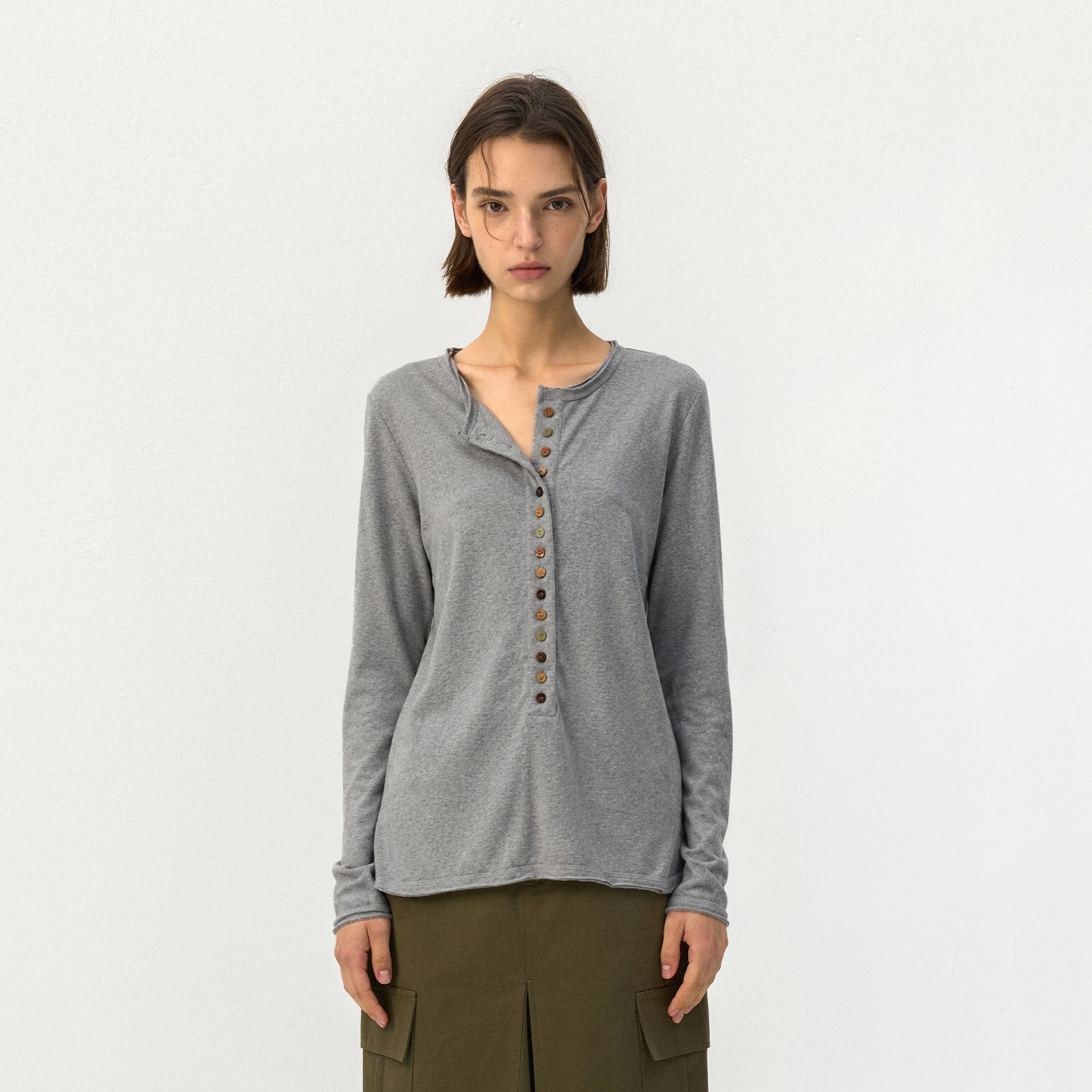 CUBIC Button Front Henley Long Sleeve Top-9
