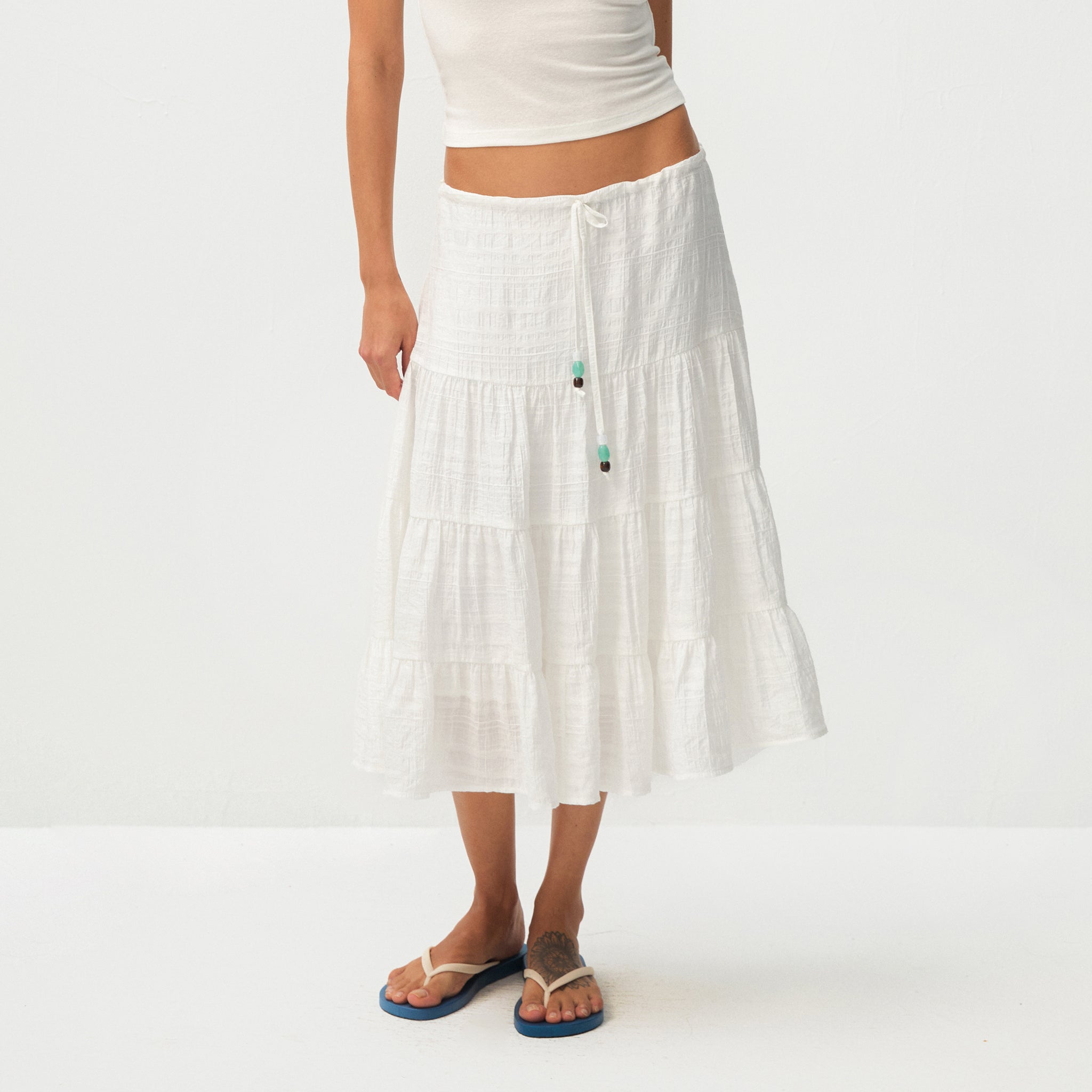 CUBIC Lyocell Linen Blend Tiered Striped Midi Skirt-9
