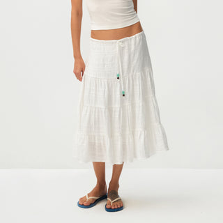 CUBIC Lyocell Linen Blend Tiered Striped Midi Skirt
