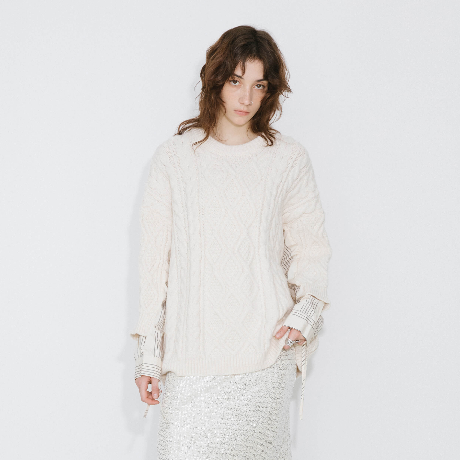 Cable Knit Jumper With Shirting Sleeves-12