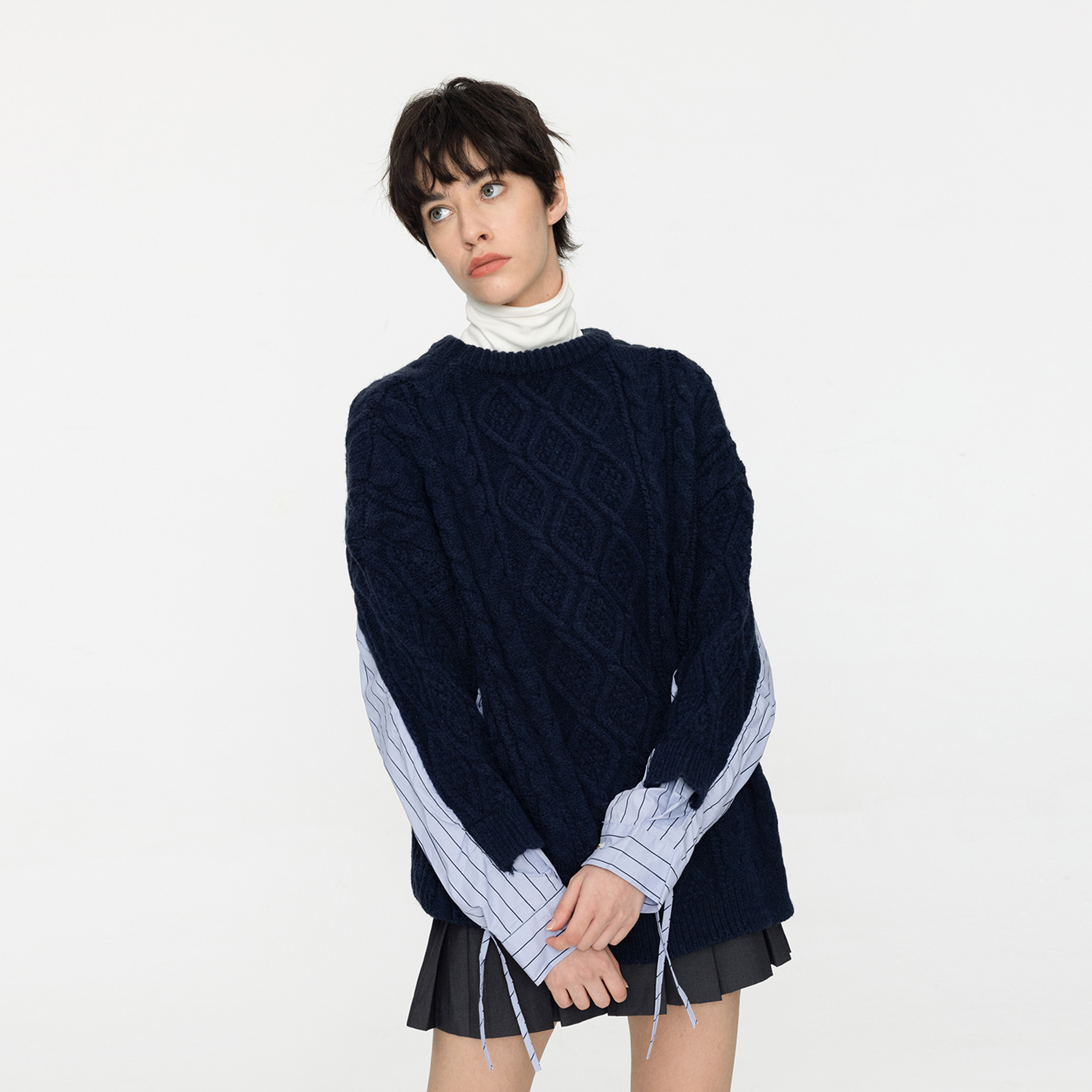 Cable Knit Jumper With Shirting Sleeves-19