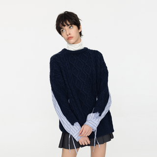 Cable Knit Jumper With Shirting Sleeves