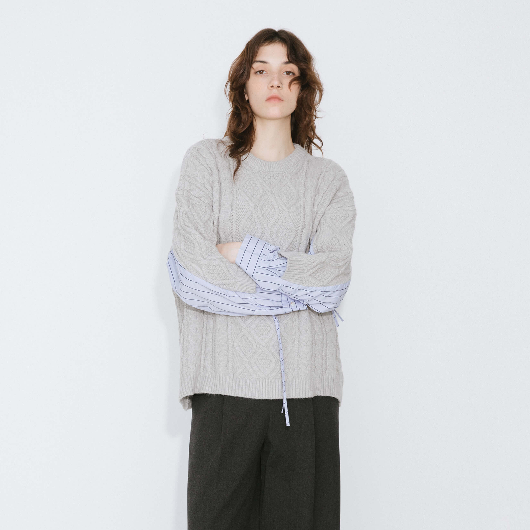 Cable Knit Jumper With Shirting Sleeves-6