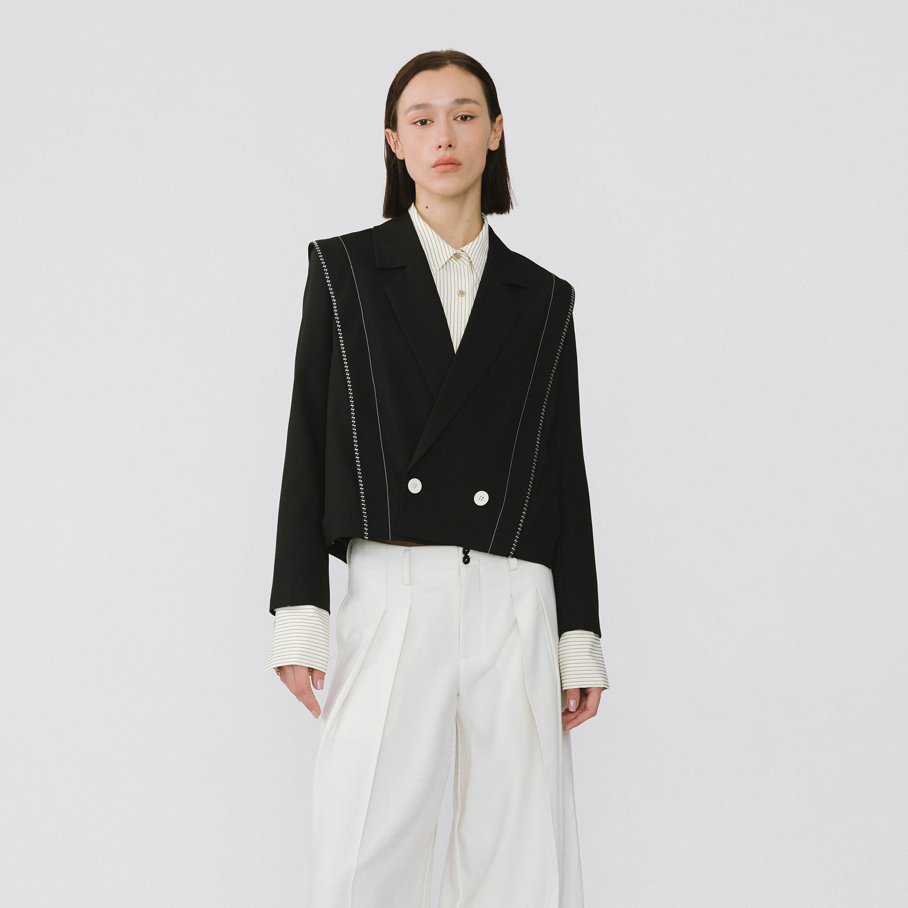 Double Breasted Contrast Stitch Short Blazer-7