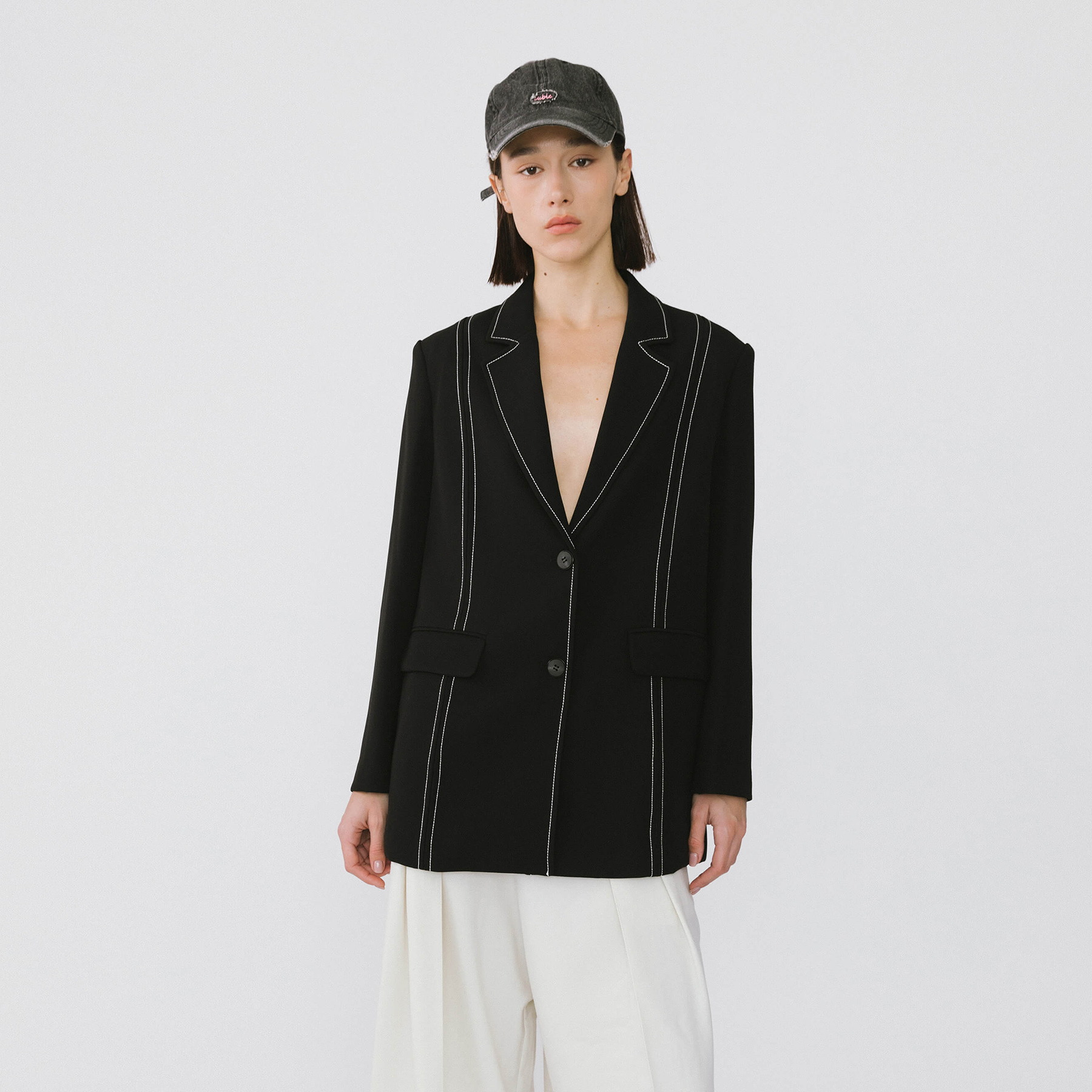 Single Breasted Contrast Topstitch Long Blazer-9