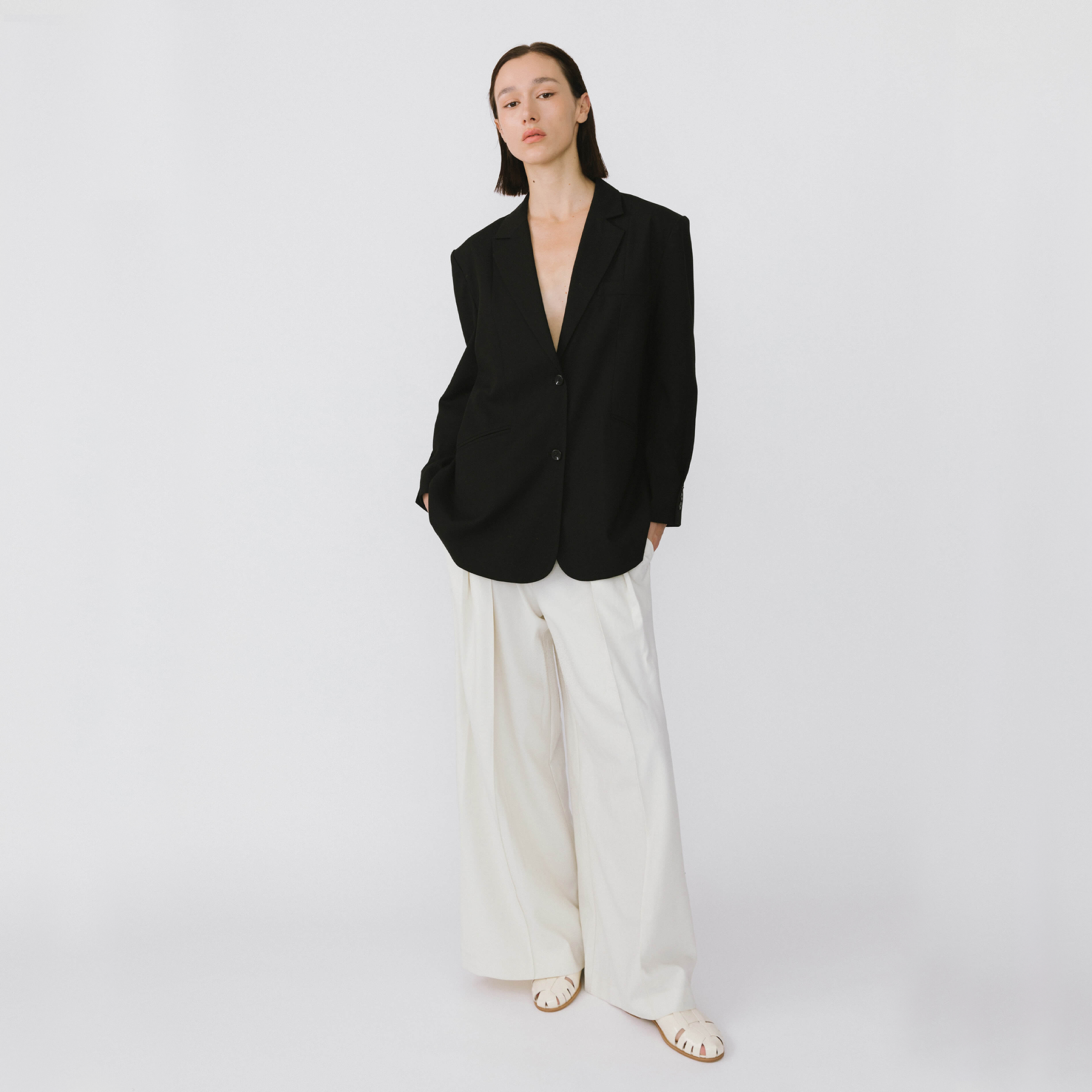 Oversized Shoulder Single Breasted Blazer with Wool Blend-14