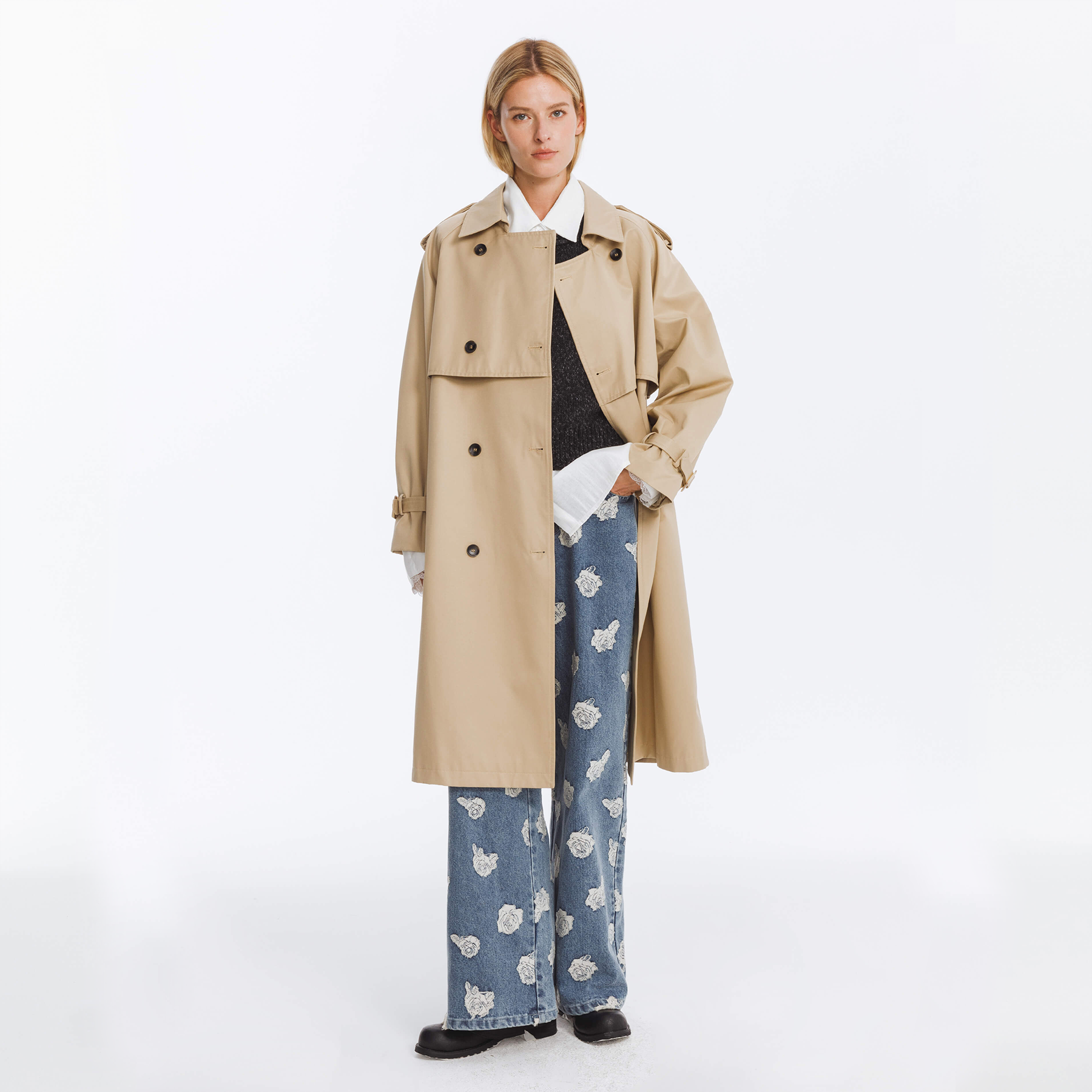 Double Breasted Cotton Blend Trench Coat-7