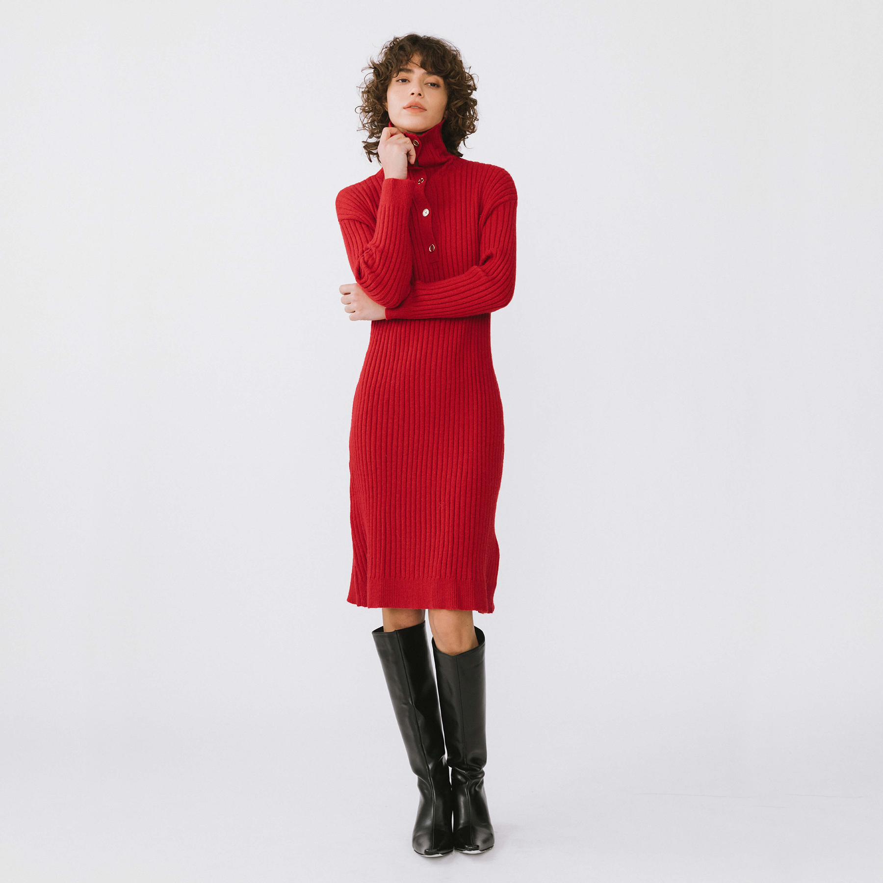 Large Lapel Red Knit Dress-6