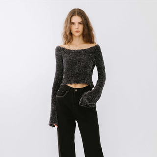 Off-Shoulder Long Sleeve Knit Crop Top