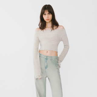 Off-Shoulder Long Sleeve Knit Crop Top