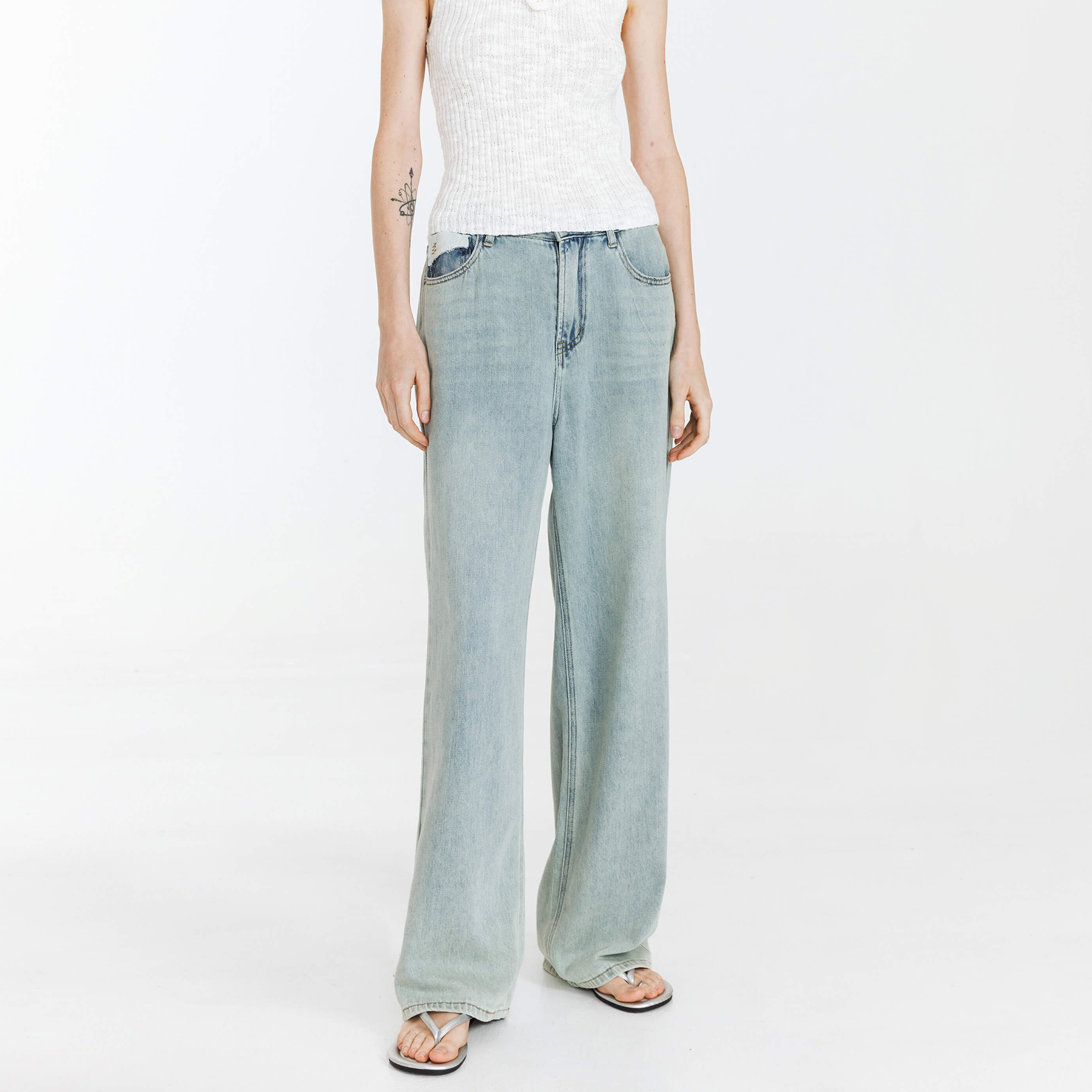 High Waist Loose Straight Washed Jeans-7