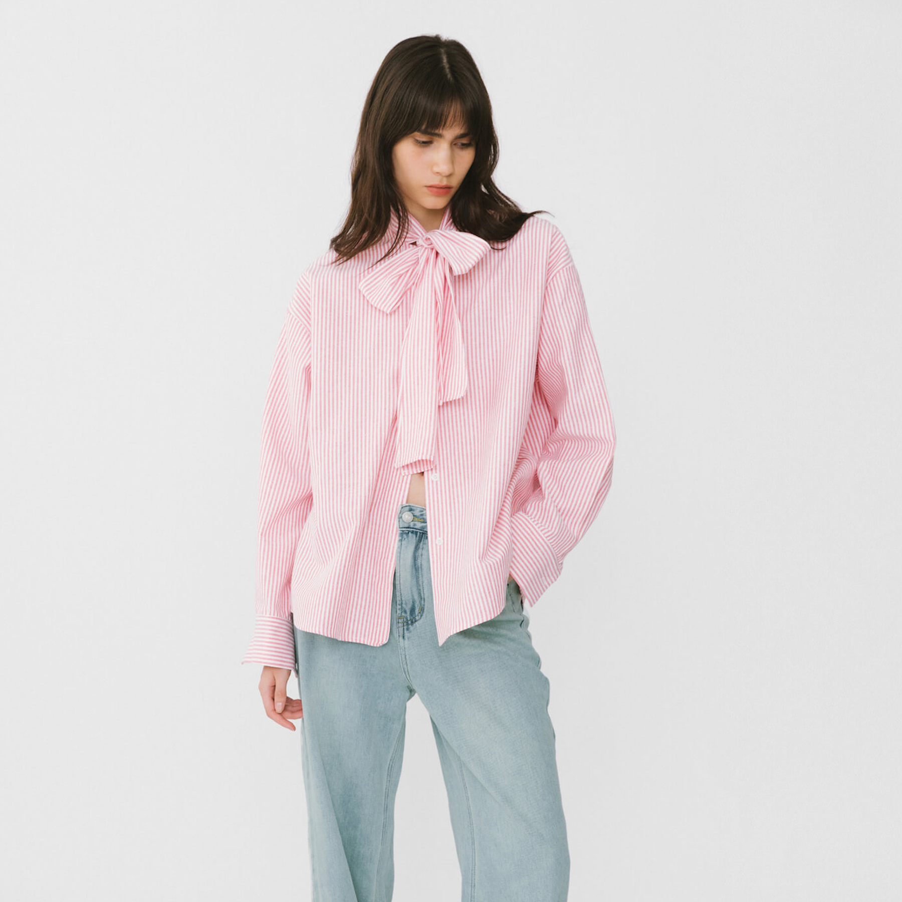 Pinstripe Long Sleeves Shirt with Tie Down Collar-12