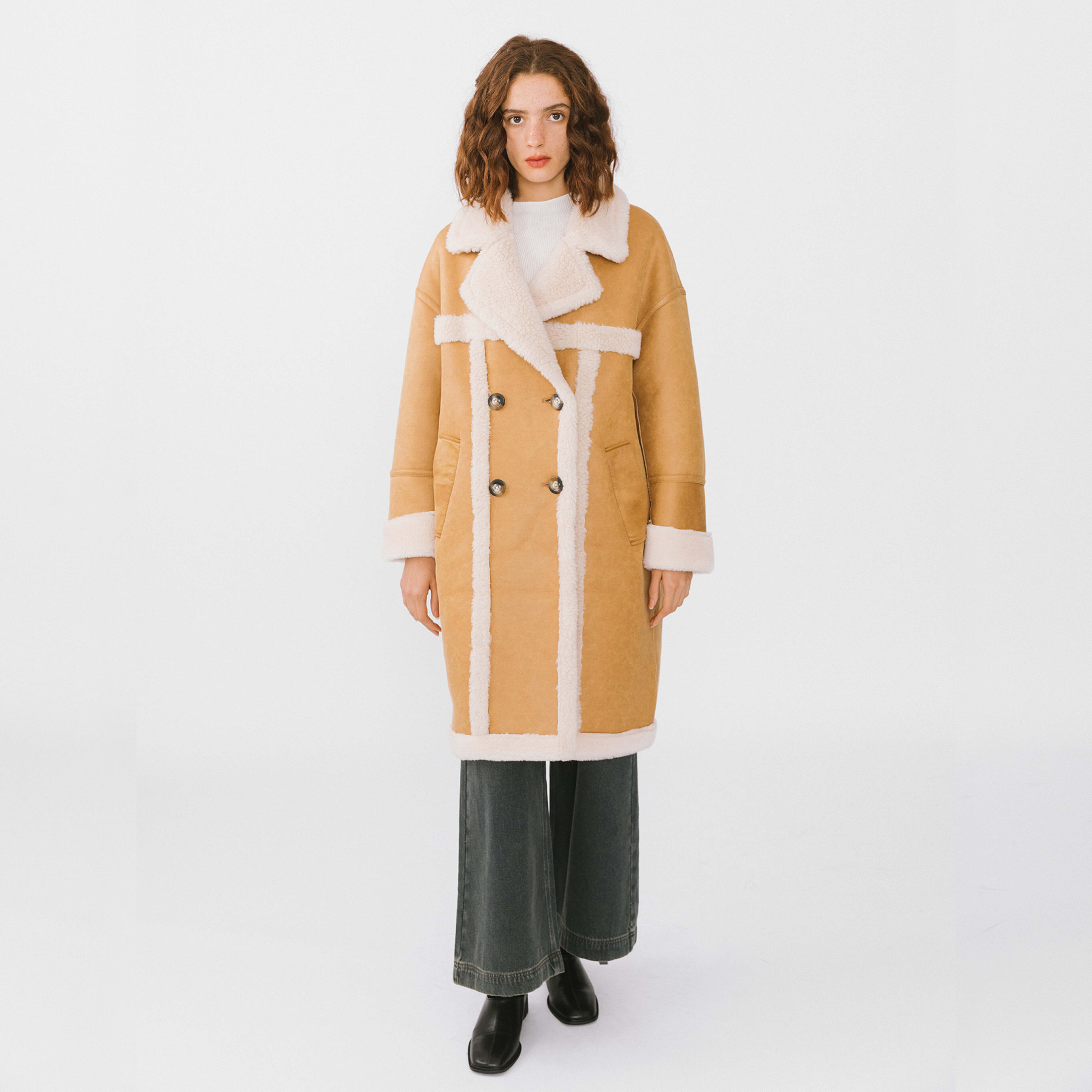 Yellow Faux Leather Sheep Wool Long Coat-3
