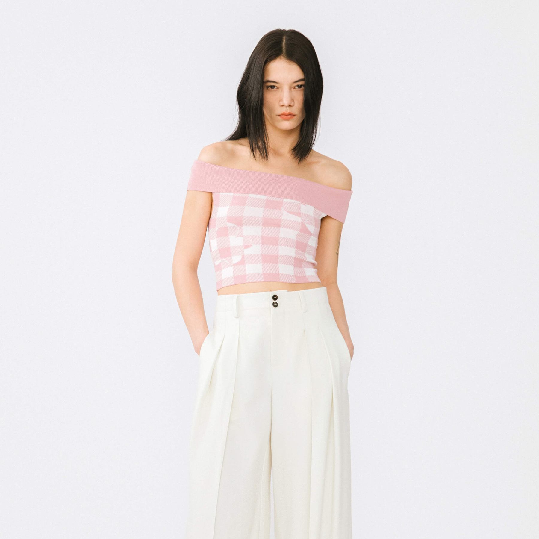 Off-Shoulder Checkered Knit Cami Top-13
