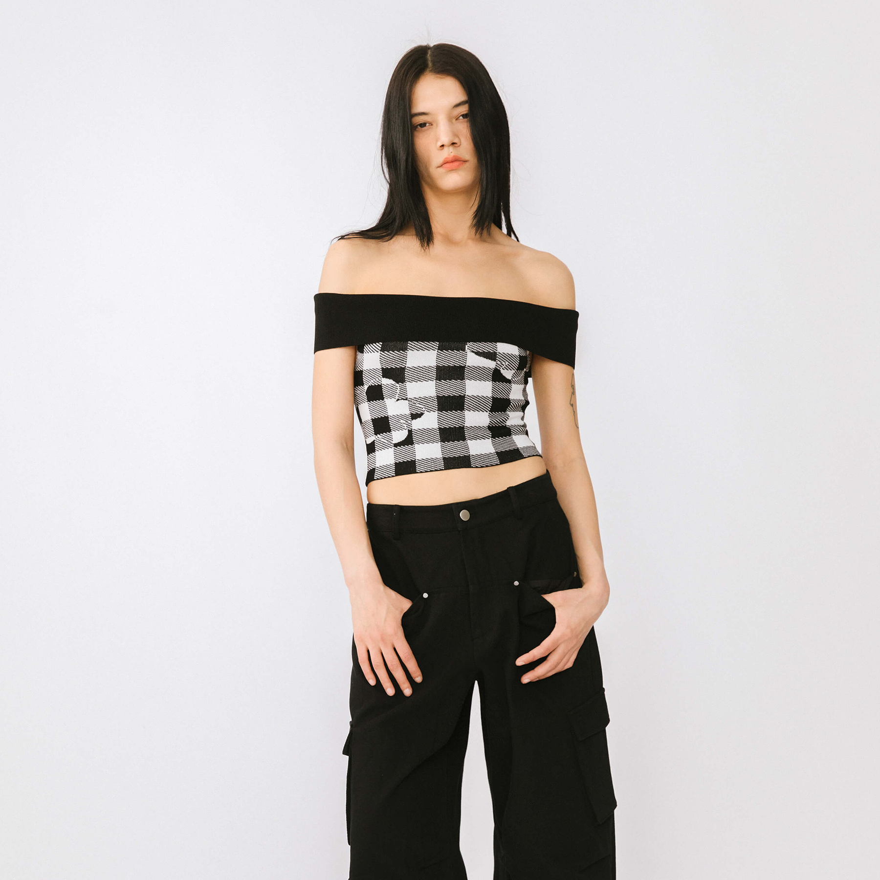 Off-Shoulder Checkered Knit Cami Top-21