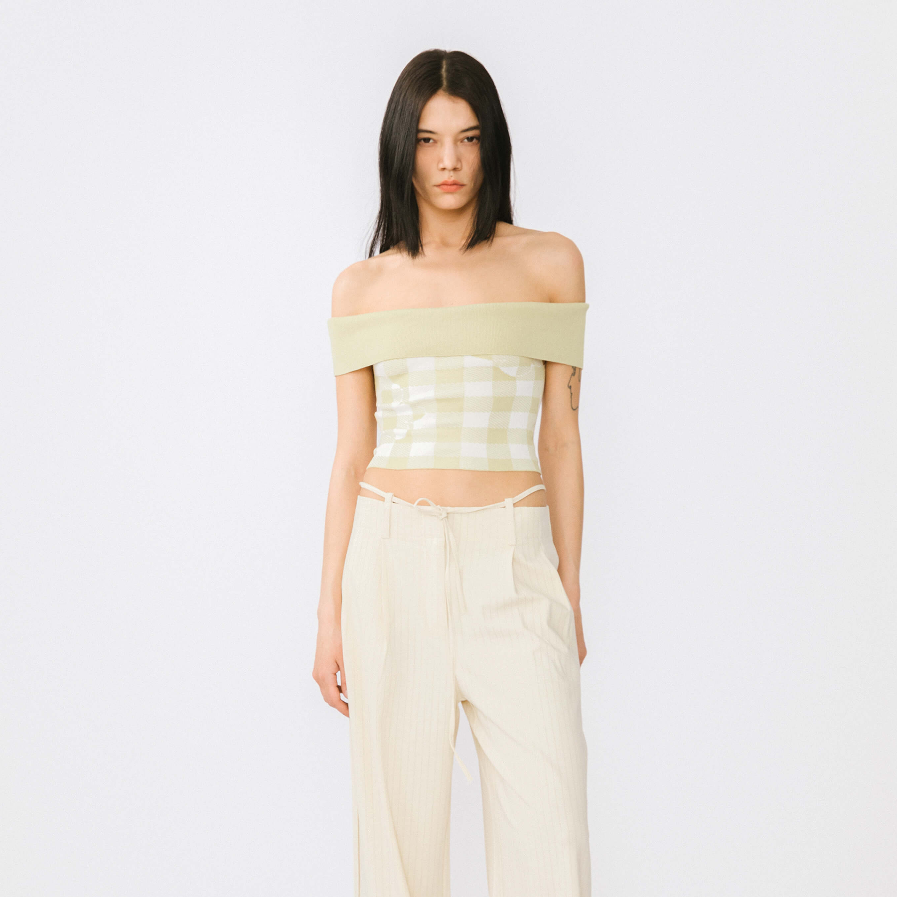Off-Shoulder Checkered Knit Cami Top-7