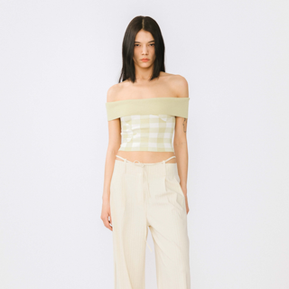 Off-Shoulder Checkered Knit Cami Top