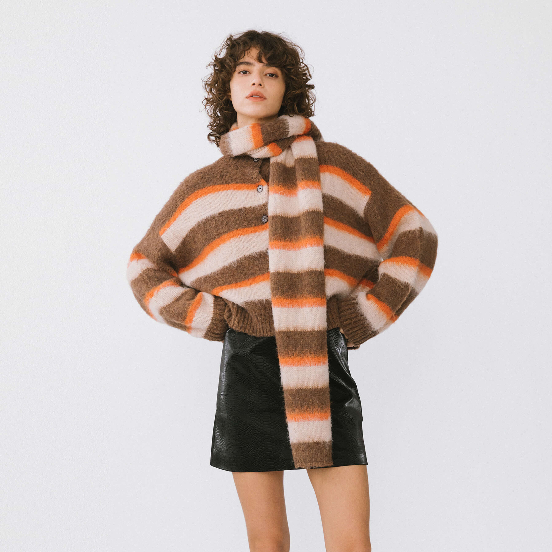 Striped Color Block Wool Knit Cardigan With Scarf-9