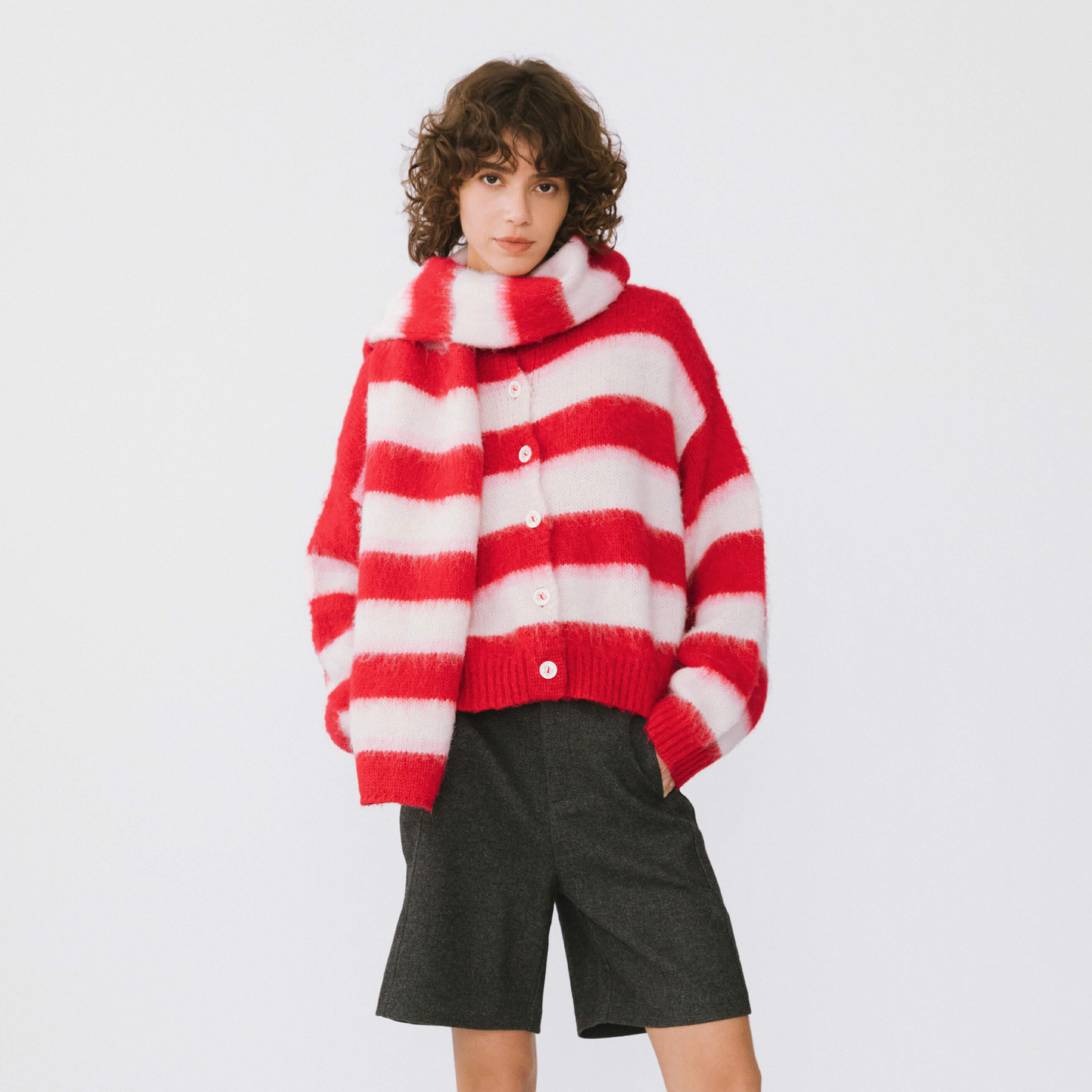 Striped Color Block Wool Knit Cardigan With Scarf-4