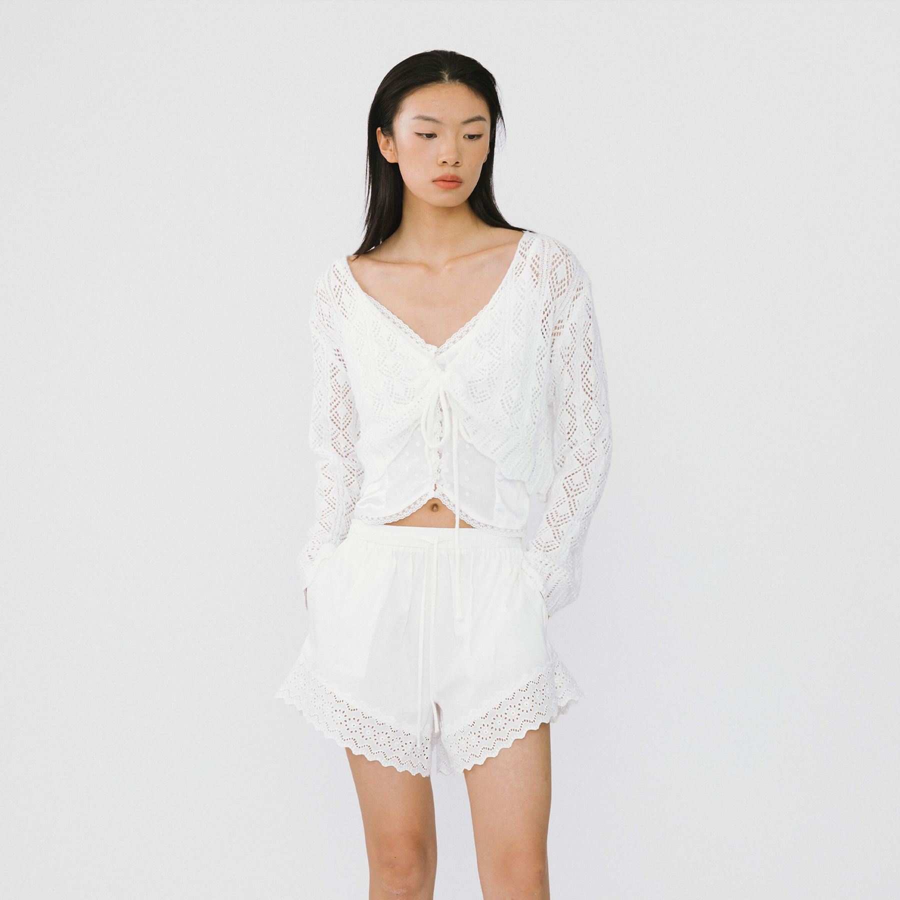 Thin Knit V-Neck Drawstring Top-7