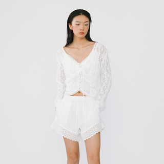 Thin Knit V-Neck Drawstring Top