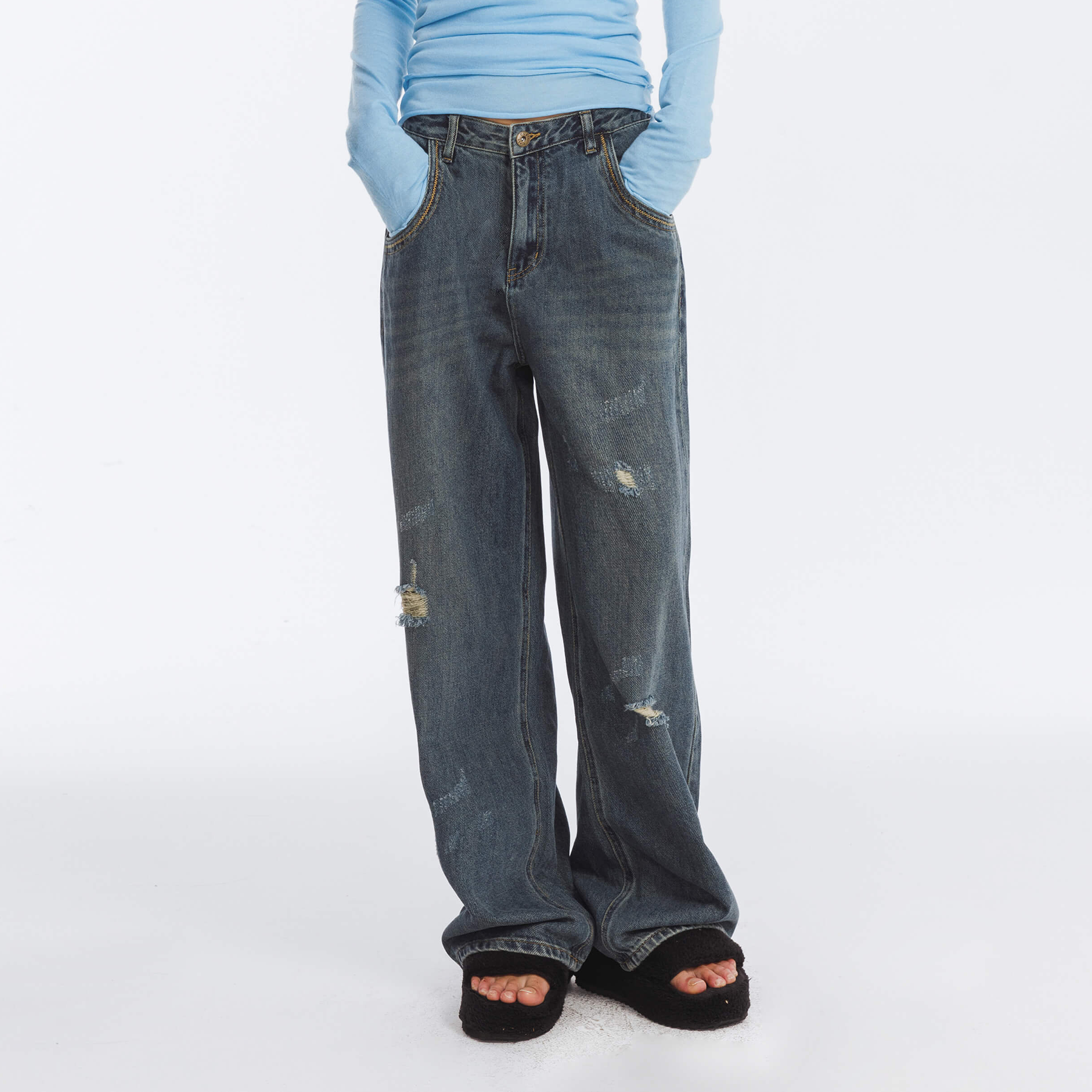 Hole Washed Straight Jeans-9