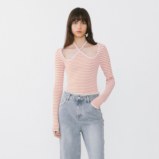 Chest Cut Out Striped Long Sleeve Top