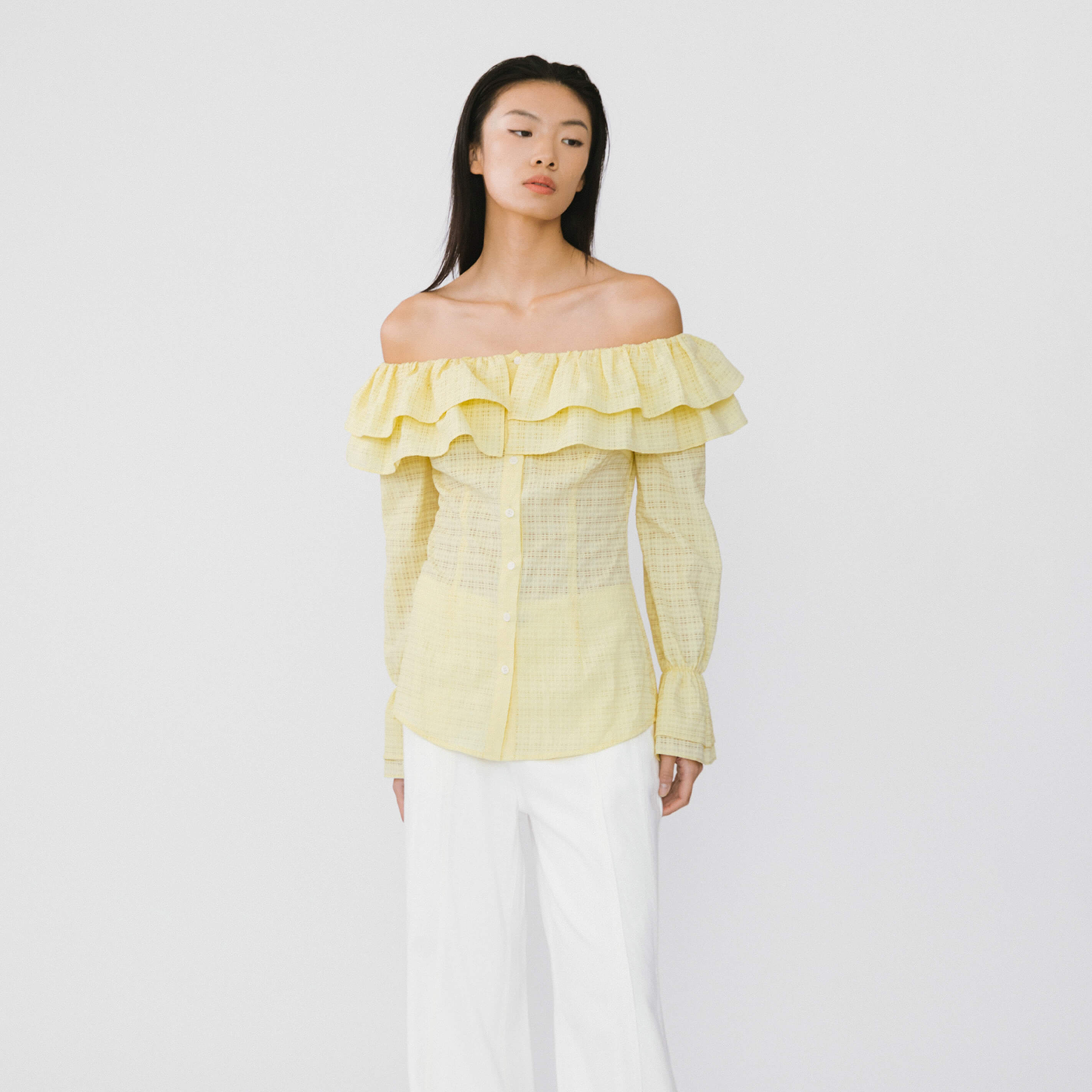 Frills Volume Off Neckline Shirt-14