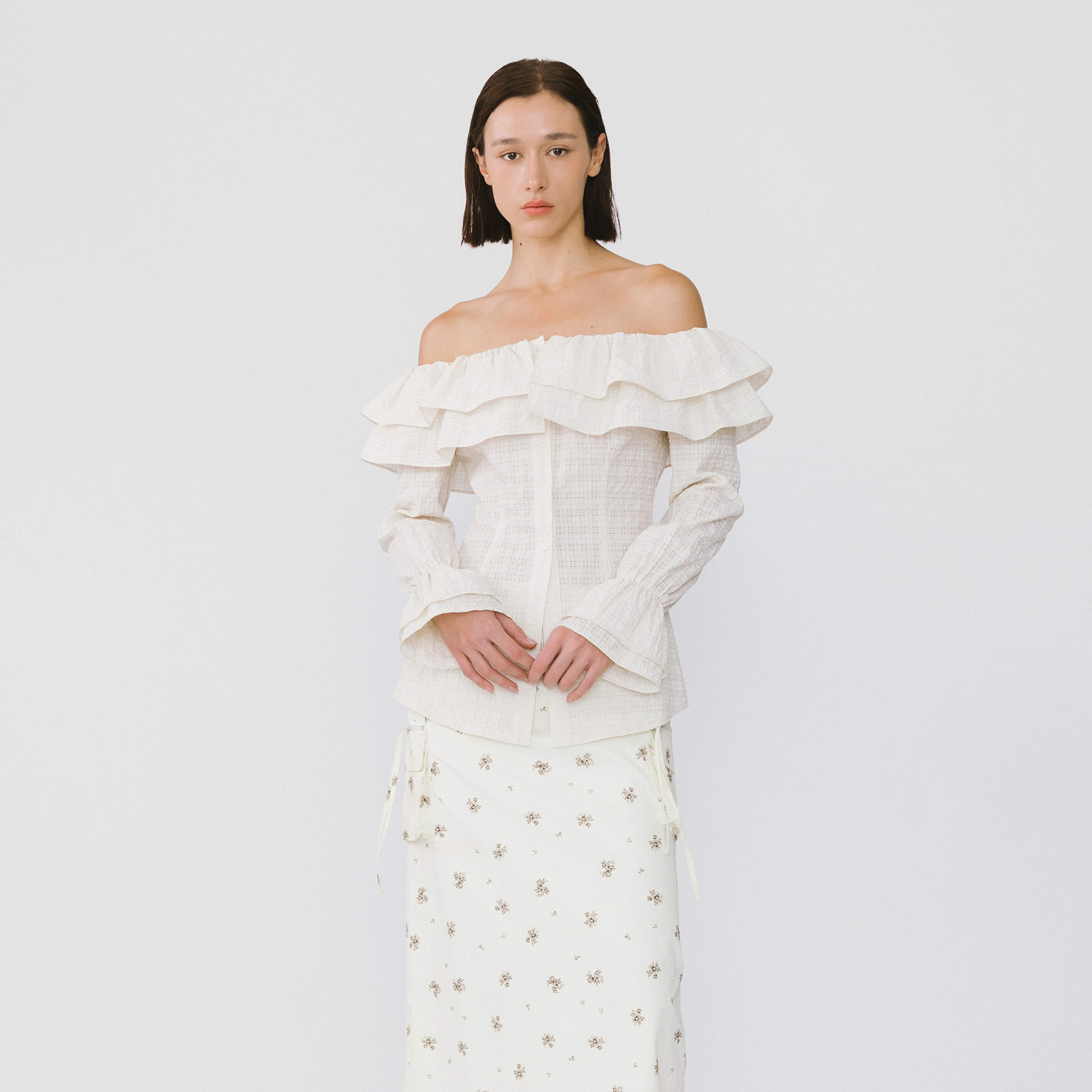 Frills Volume Off Neckline Shirt-13