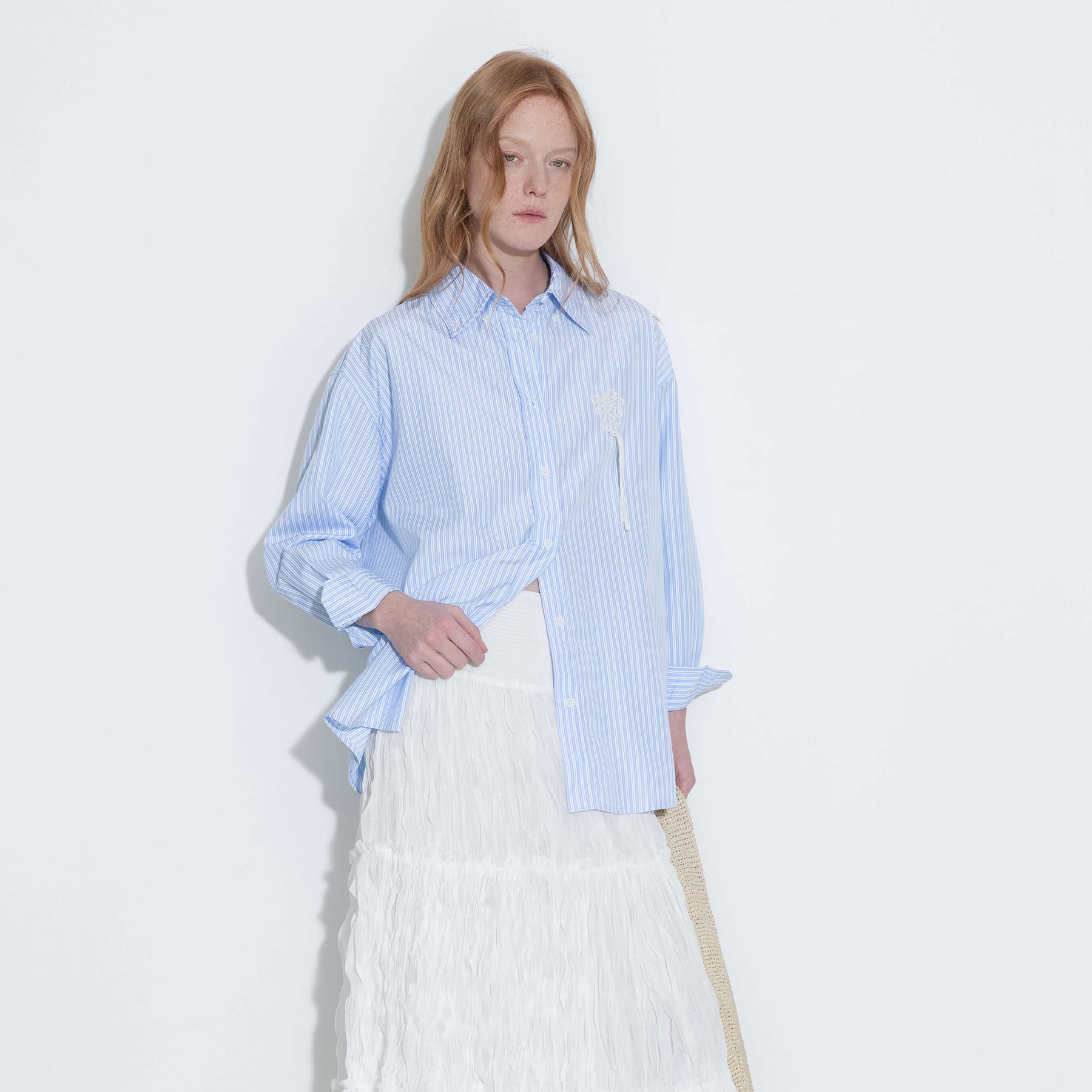 Loose Striped Shirt with Cord Embroidery-3