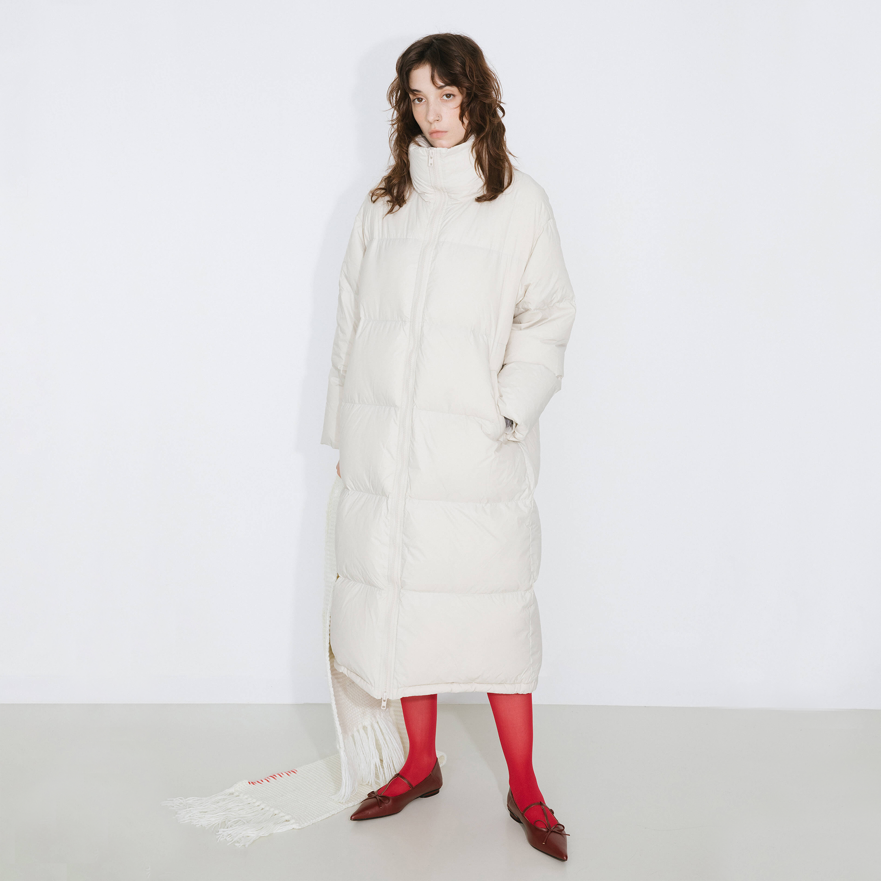 Long High Neck Zip Up Cocoon Down Coat-7