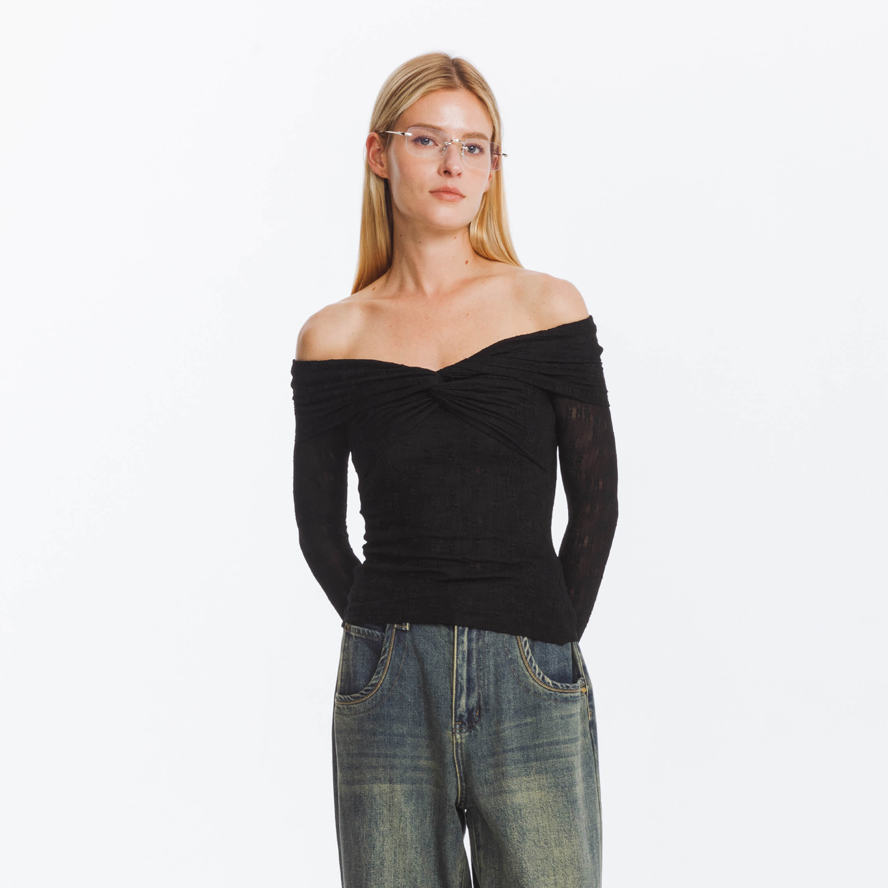 Pleated Off Shoulder Long Sleeves Top-7