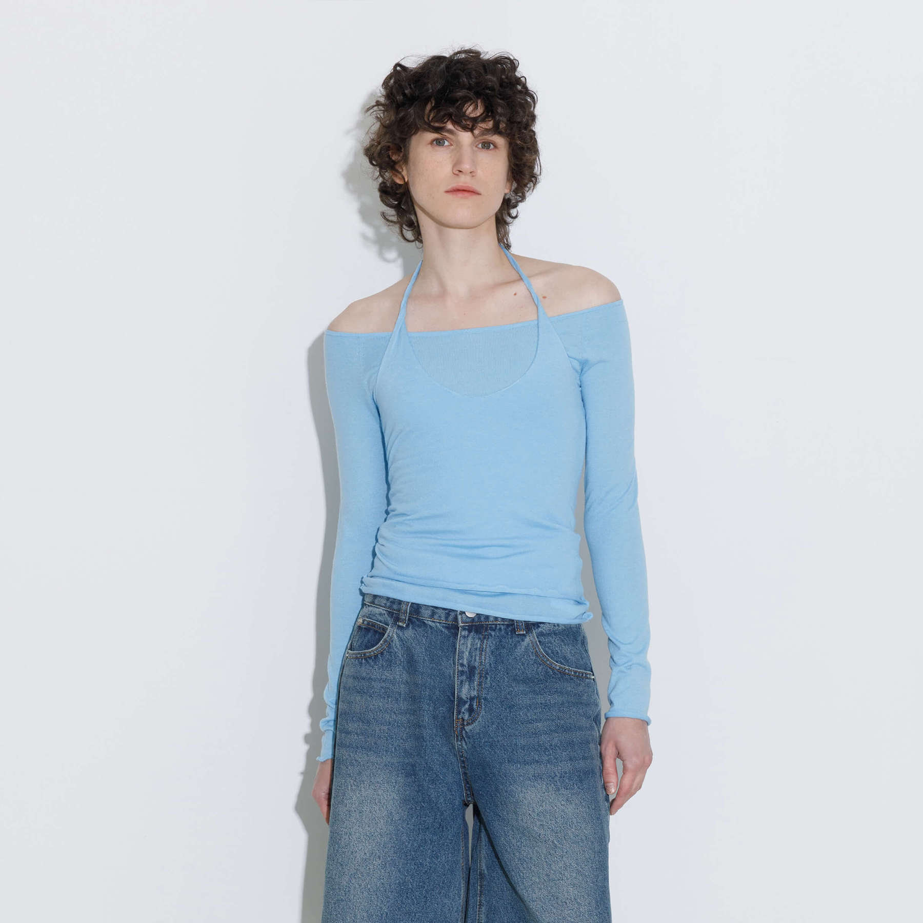 Blue Halter Neck Knit Top with Wool Blend-3