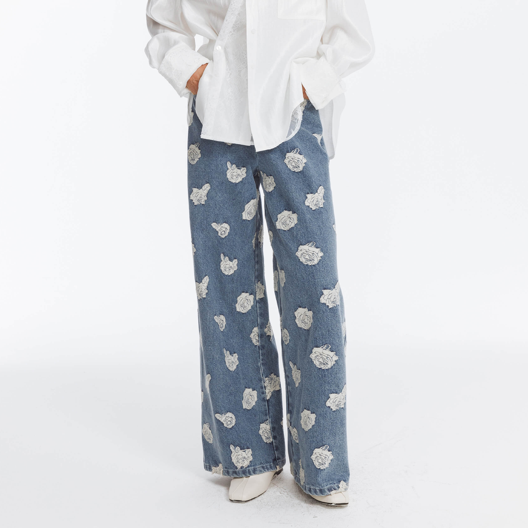 Retro Rose Print Washed Straight Leg Jeans-7