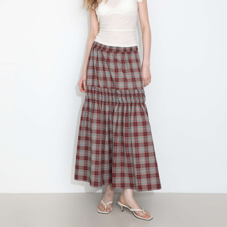 Elastic Drawstring High Waist Checked Skirt